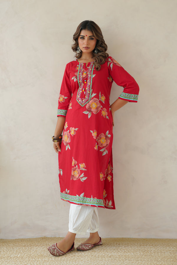 Red Floral Cotton Printed Kurta