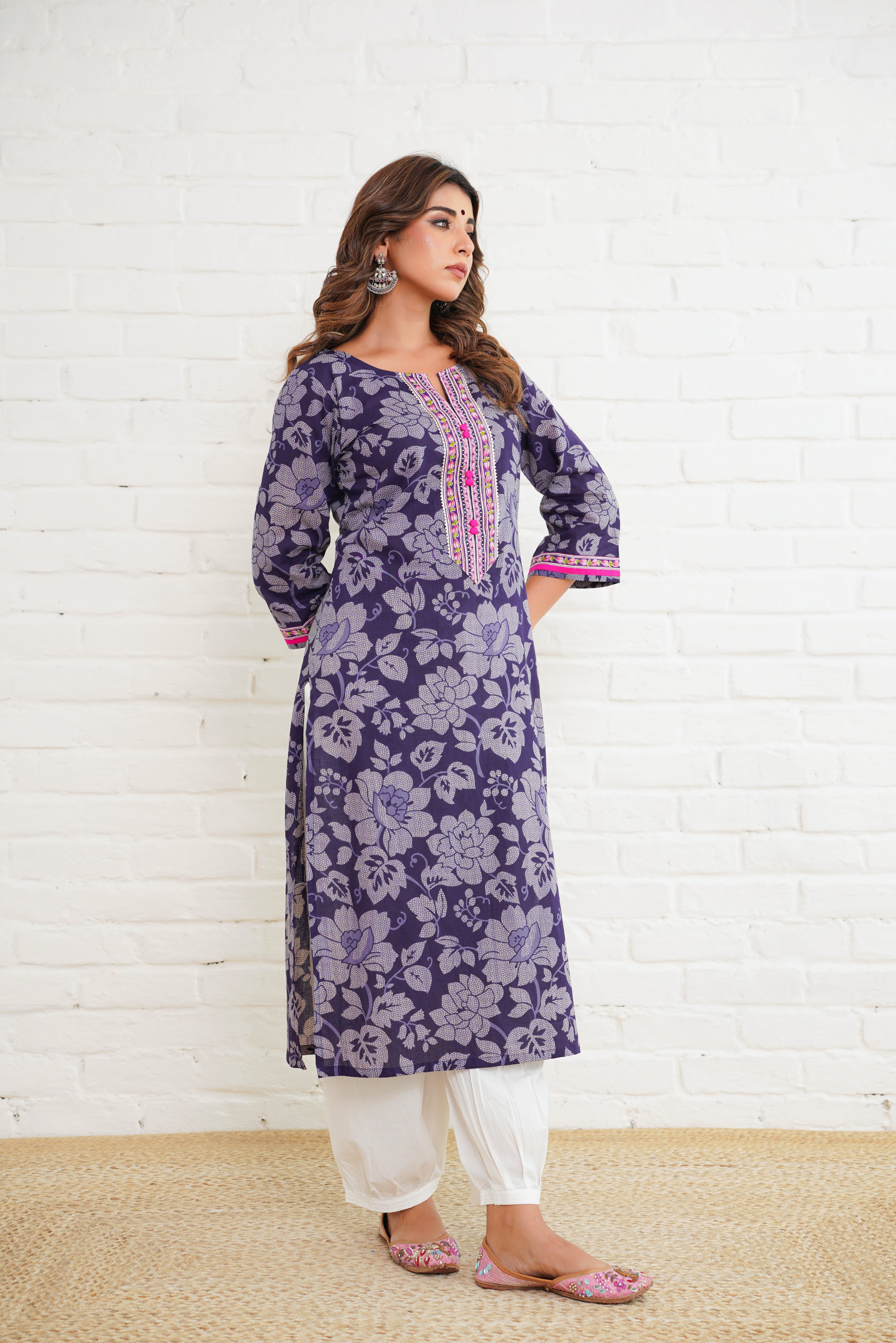 Purple Floral Cotton Printed Kurta