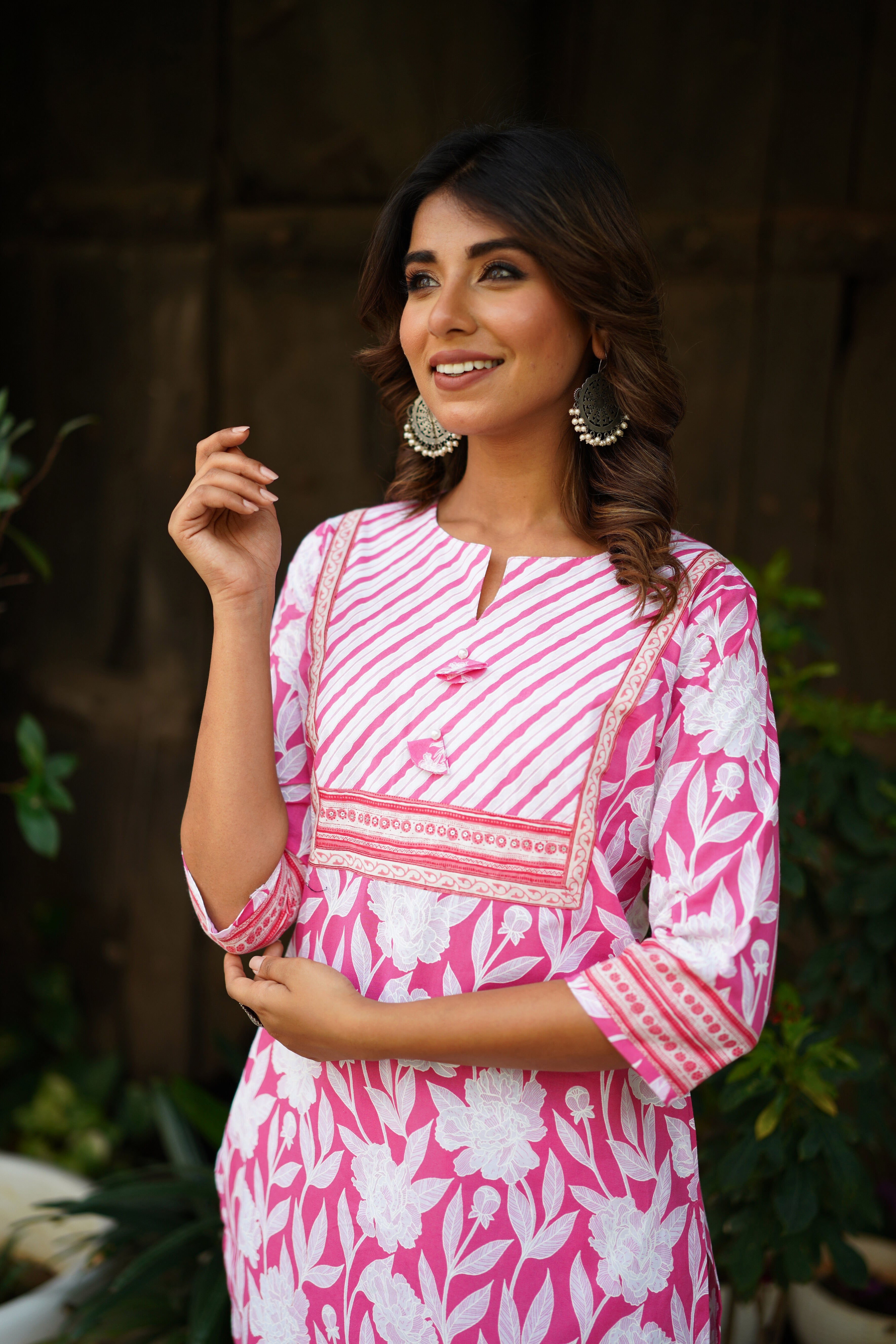 Pink Floral Printed Cotton Kurta