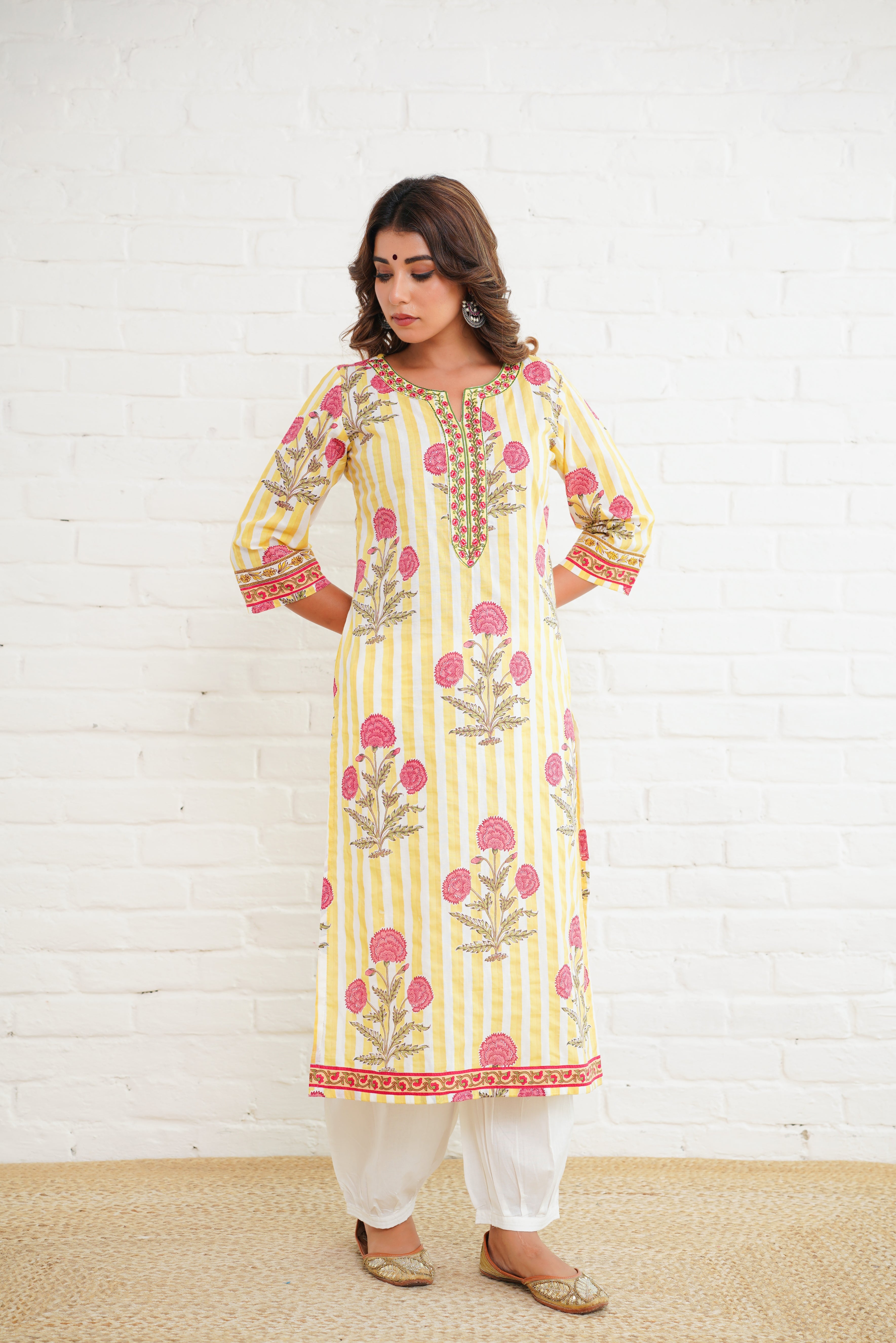 Yellow Stripe Printed Cotton Kurta