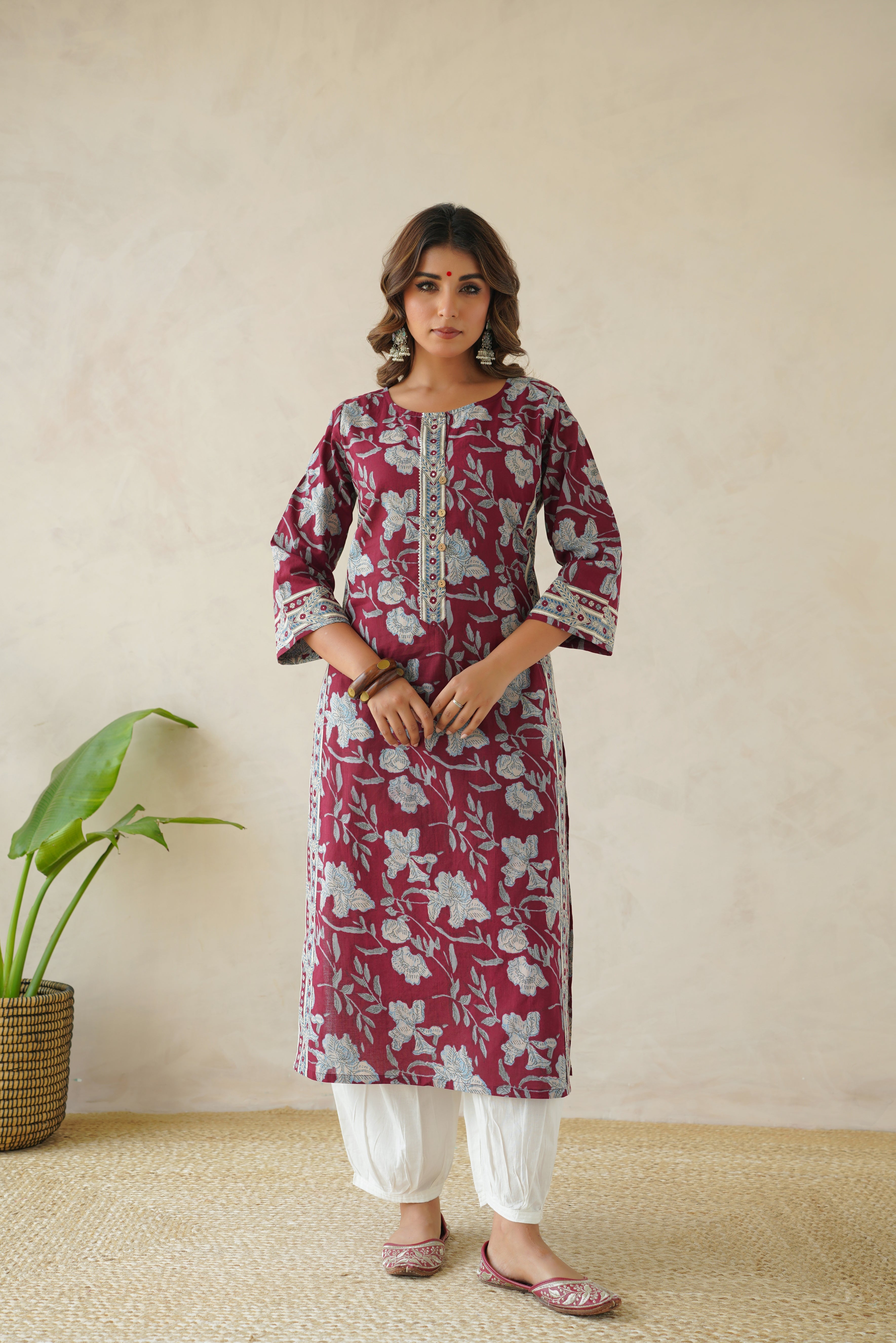 Wine Floral Cotton Printed Kurta