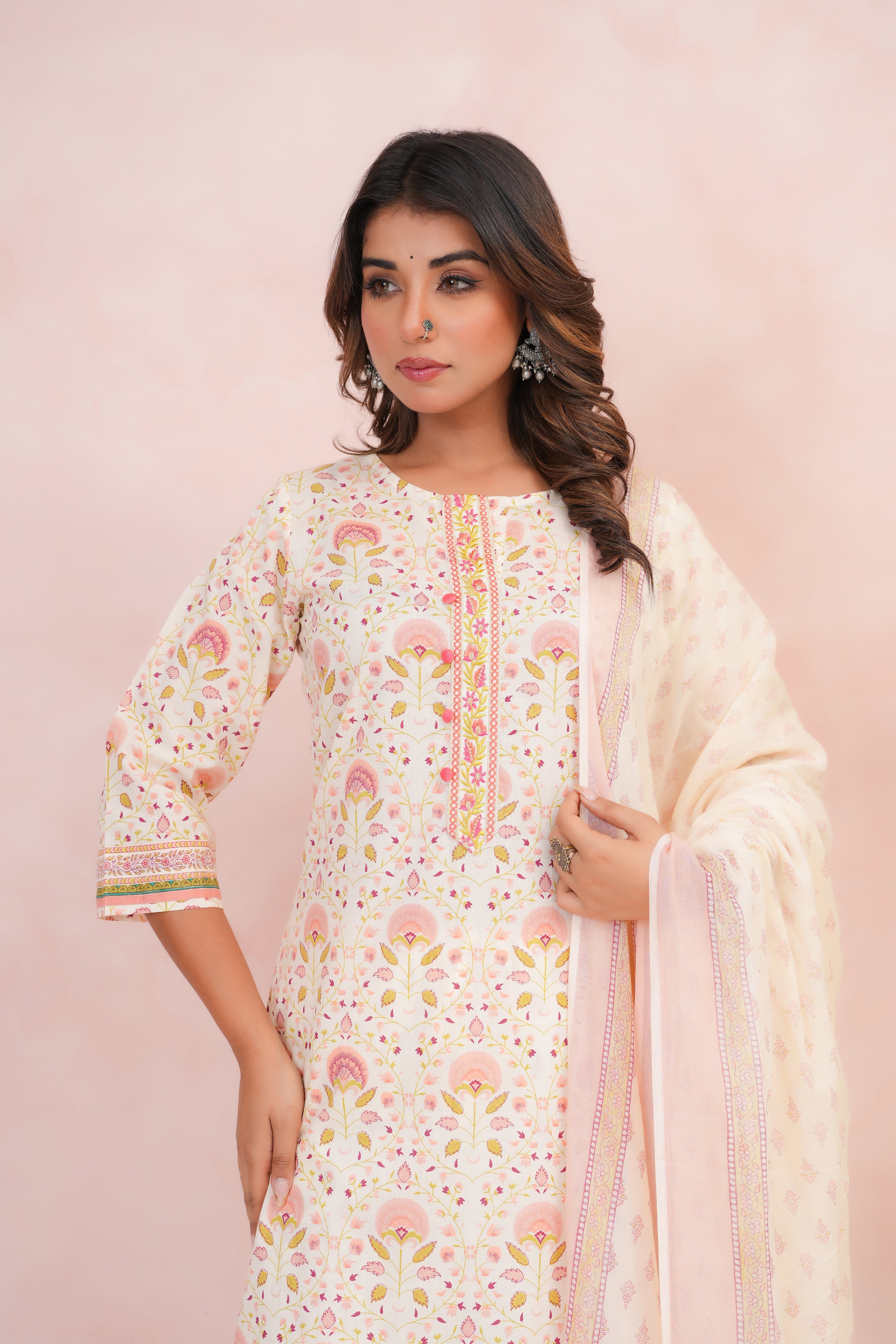 Peach Floral Printed Cotton Suit Set