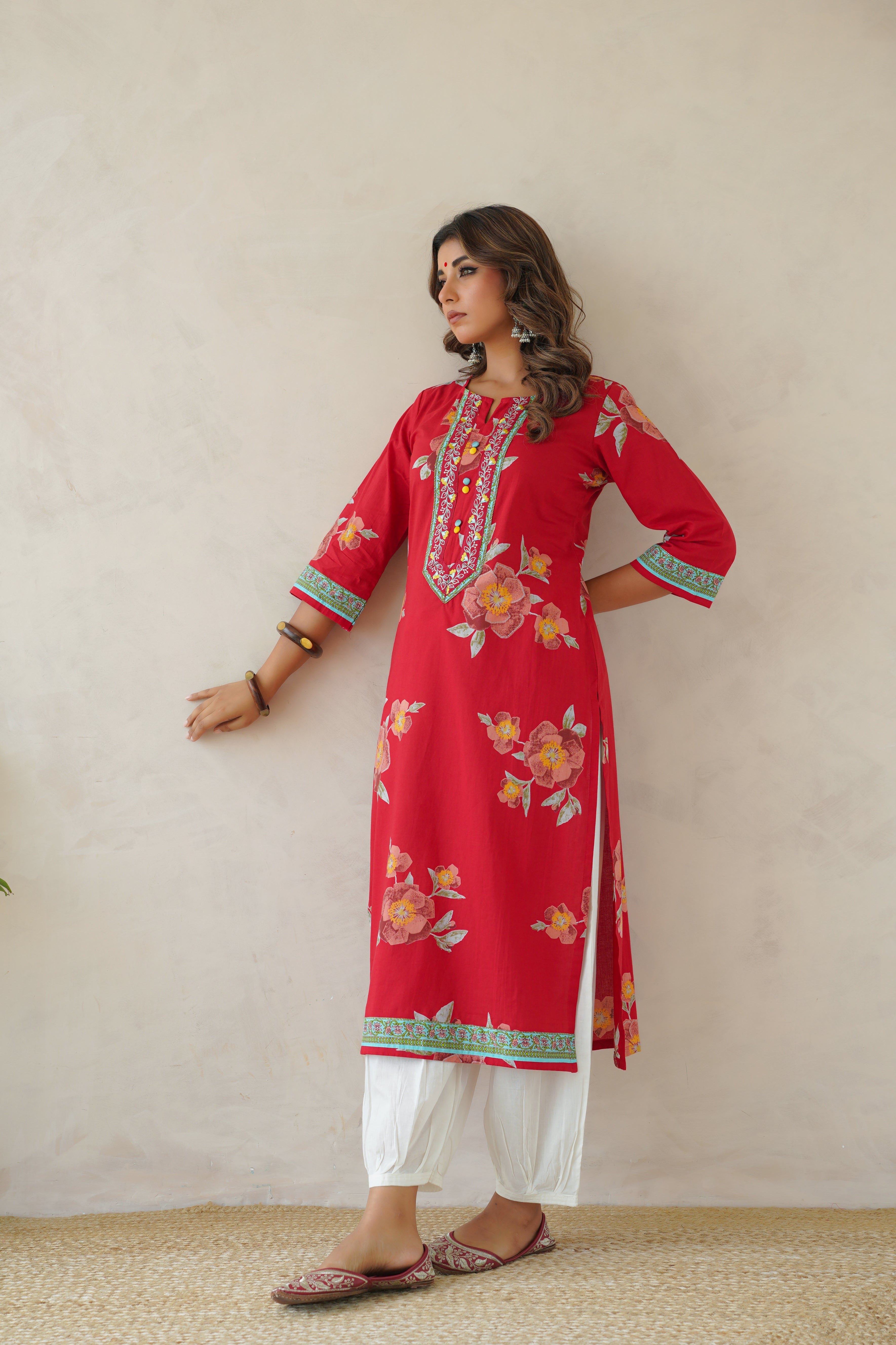 Red Floral Cotton Printed Kurta