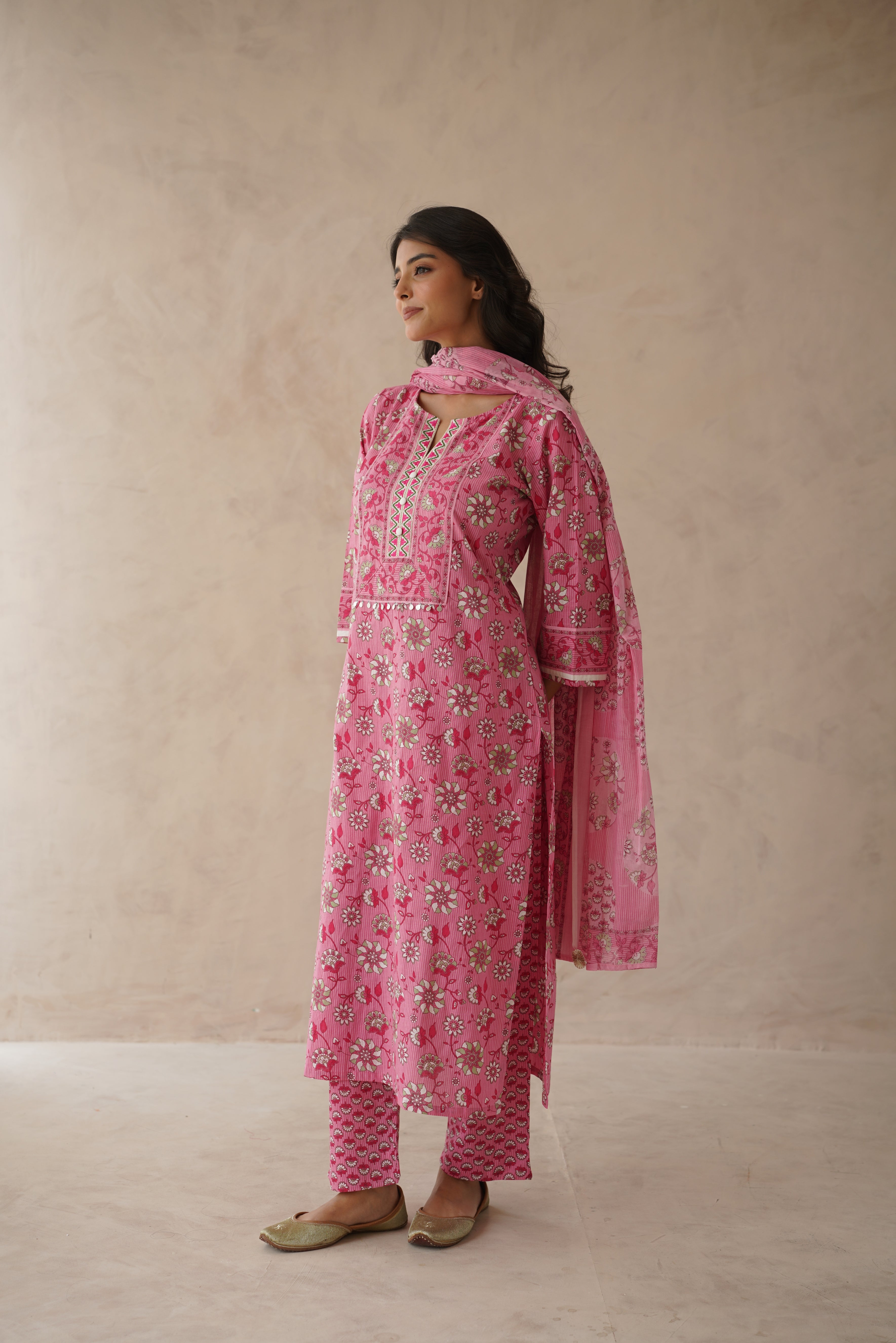 Pink Floral Cotton Suit Set