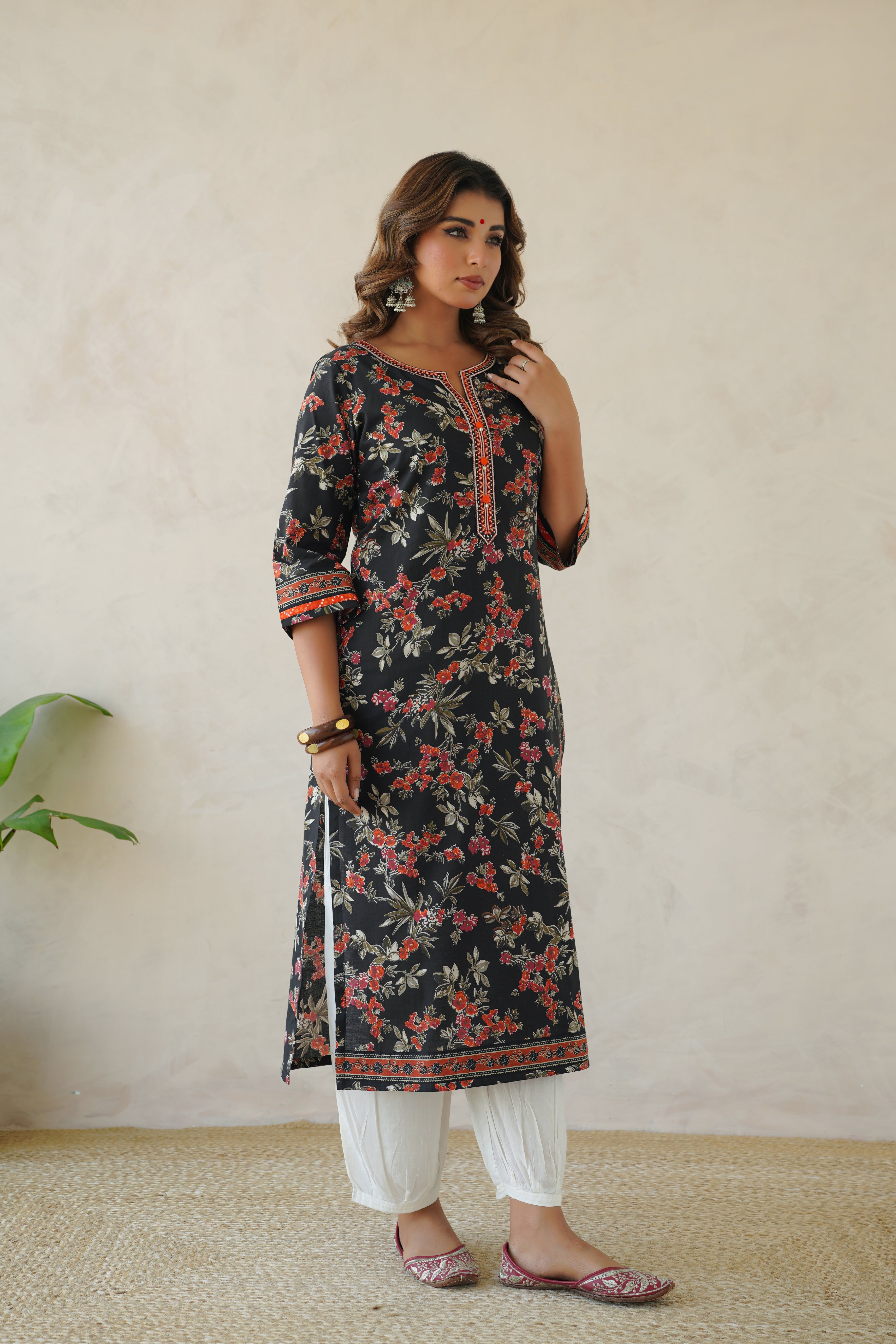 Black Floral Cotton Printed Kurta