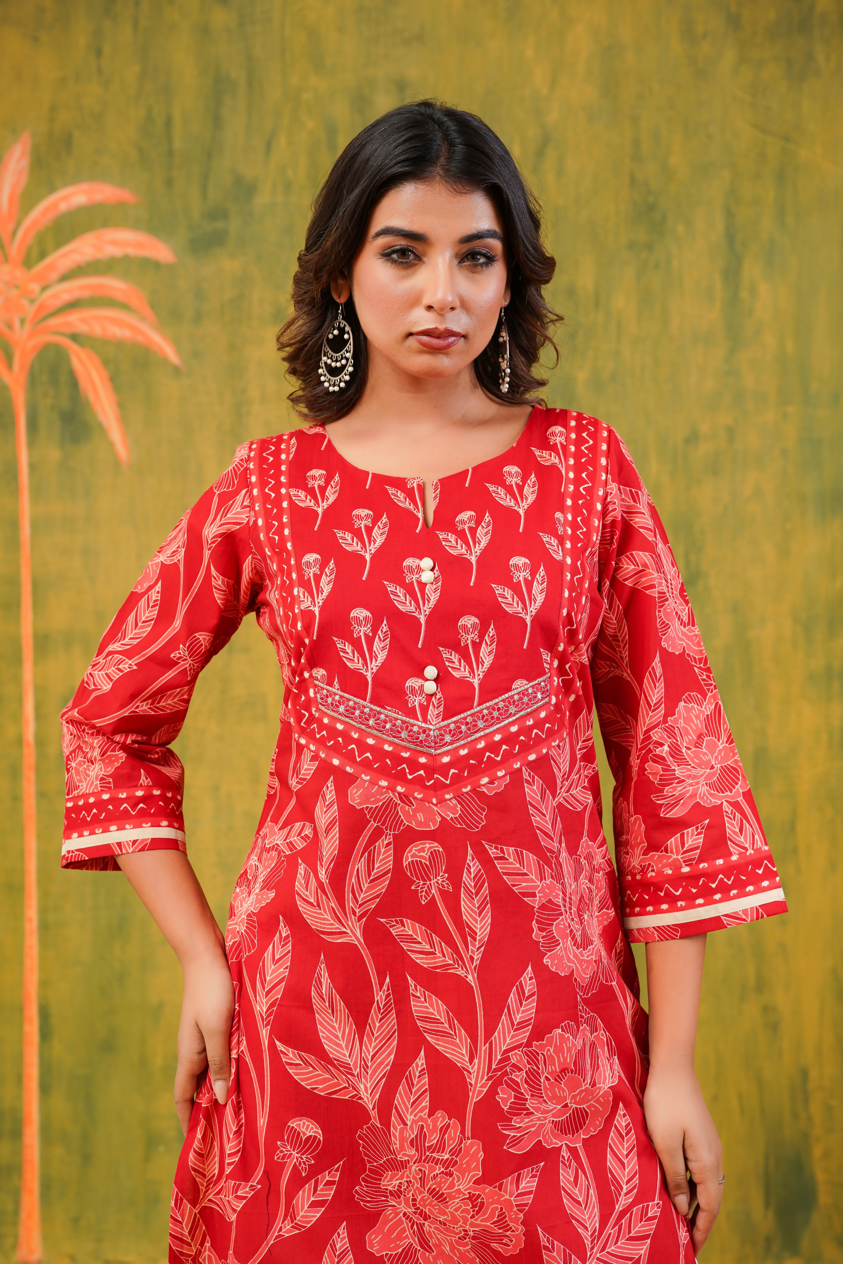 Red Floral Cotton Printed Kurta