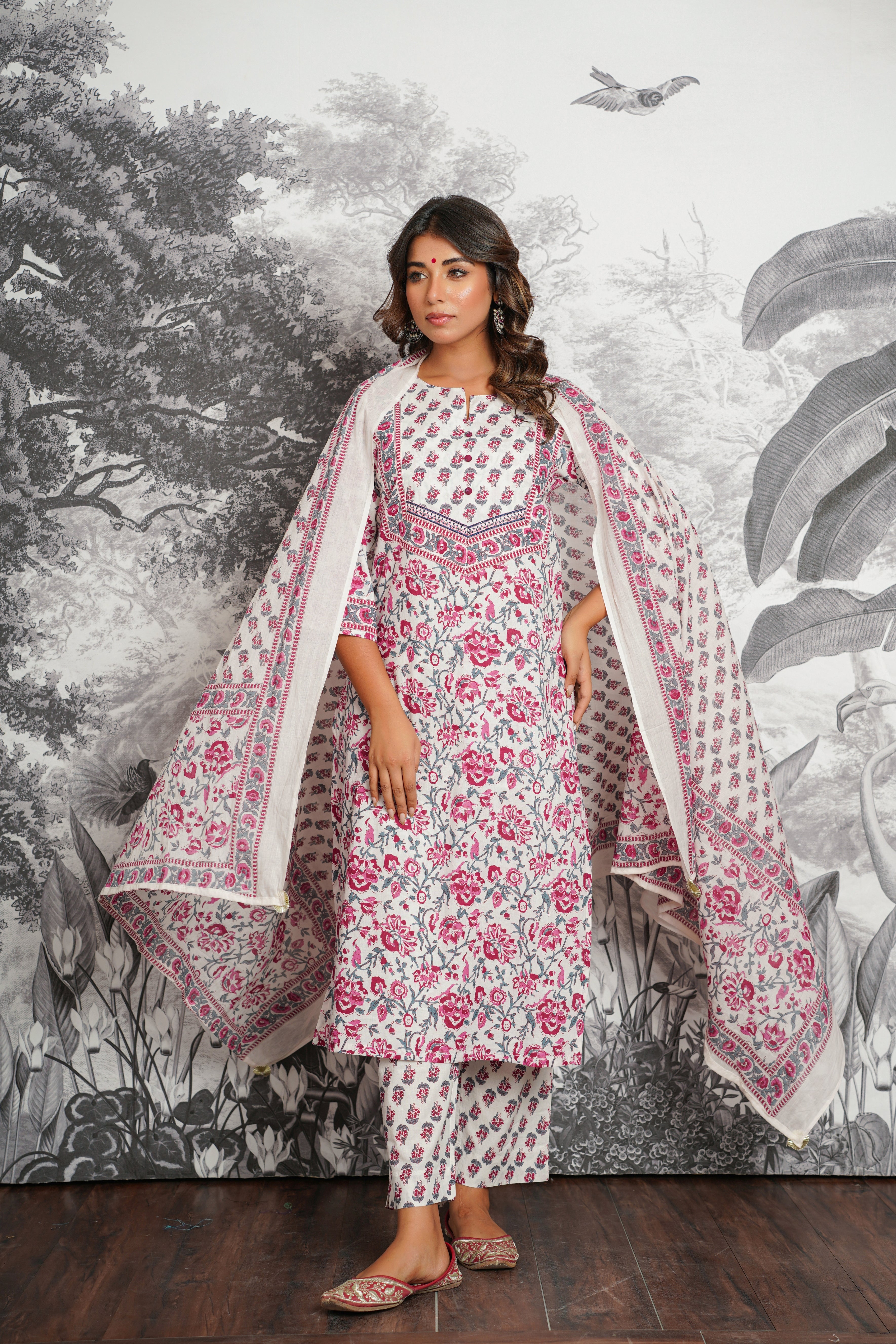 White Floral Printed Cotton Suit Set