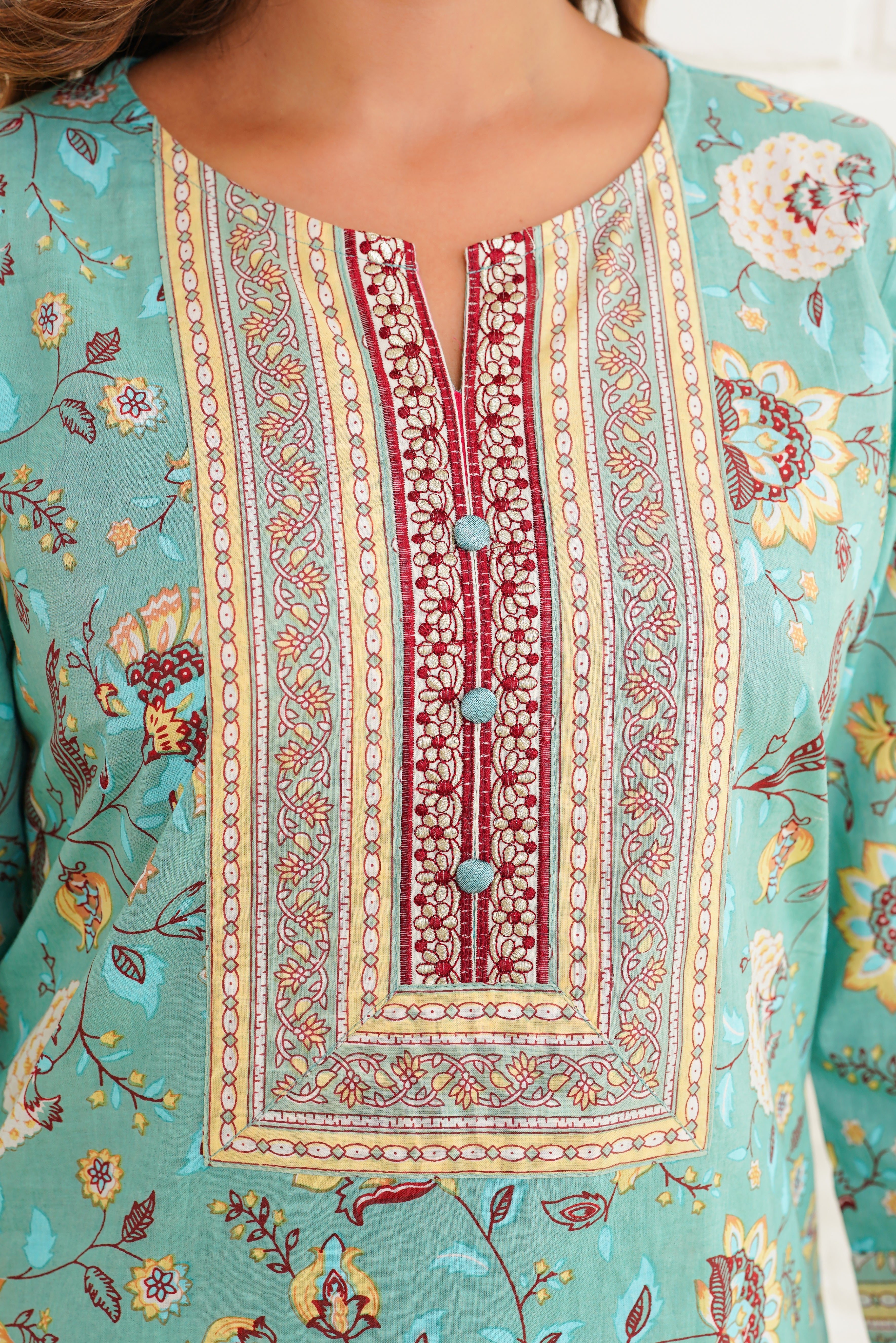 Sea Green Printed Cotton Suit Set