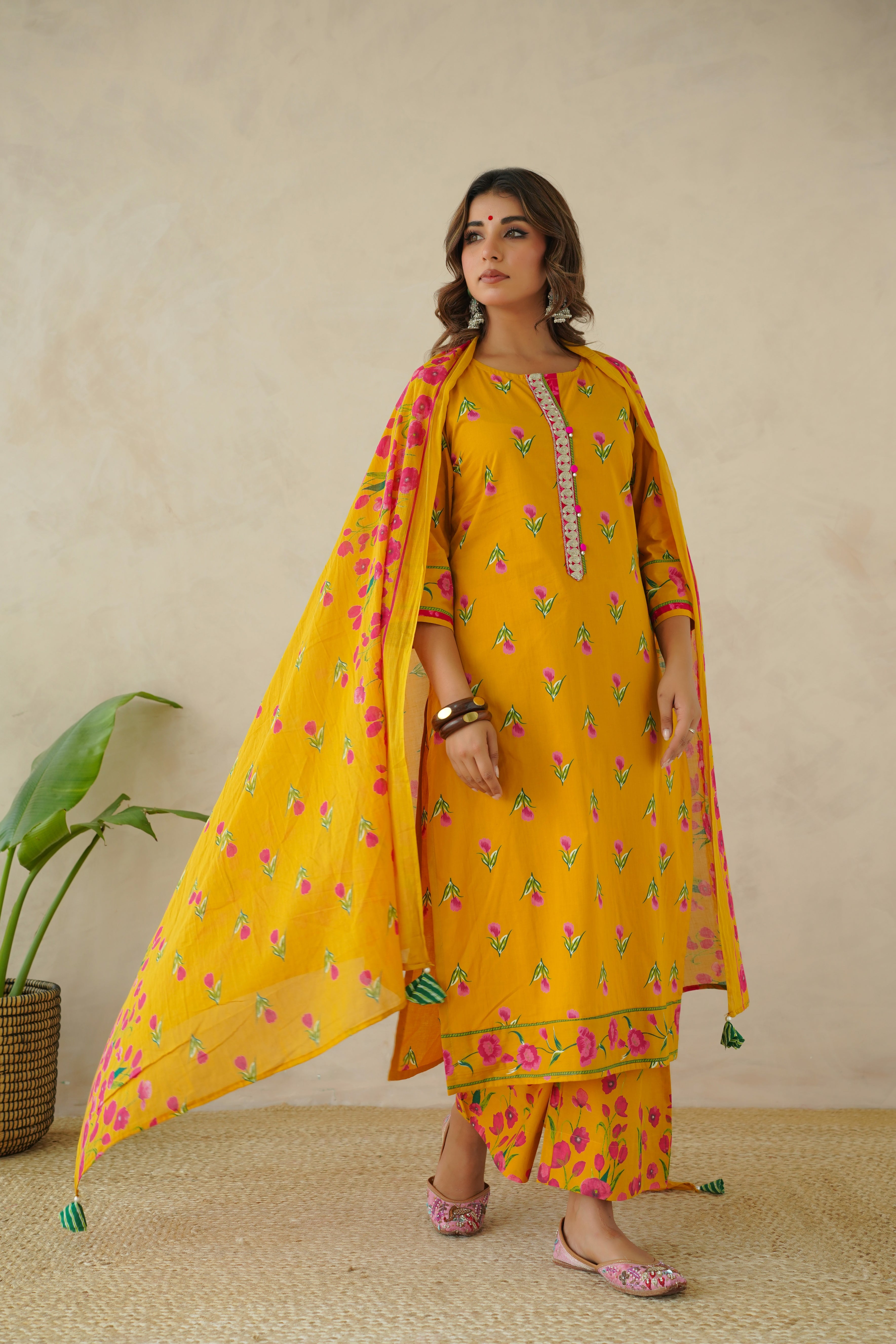 Mustard Floral Printed Suit Set