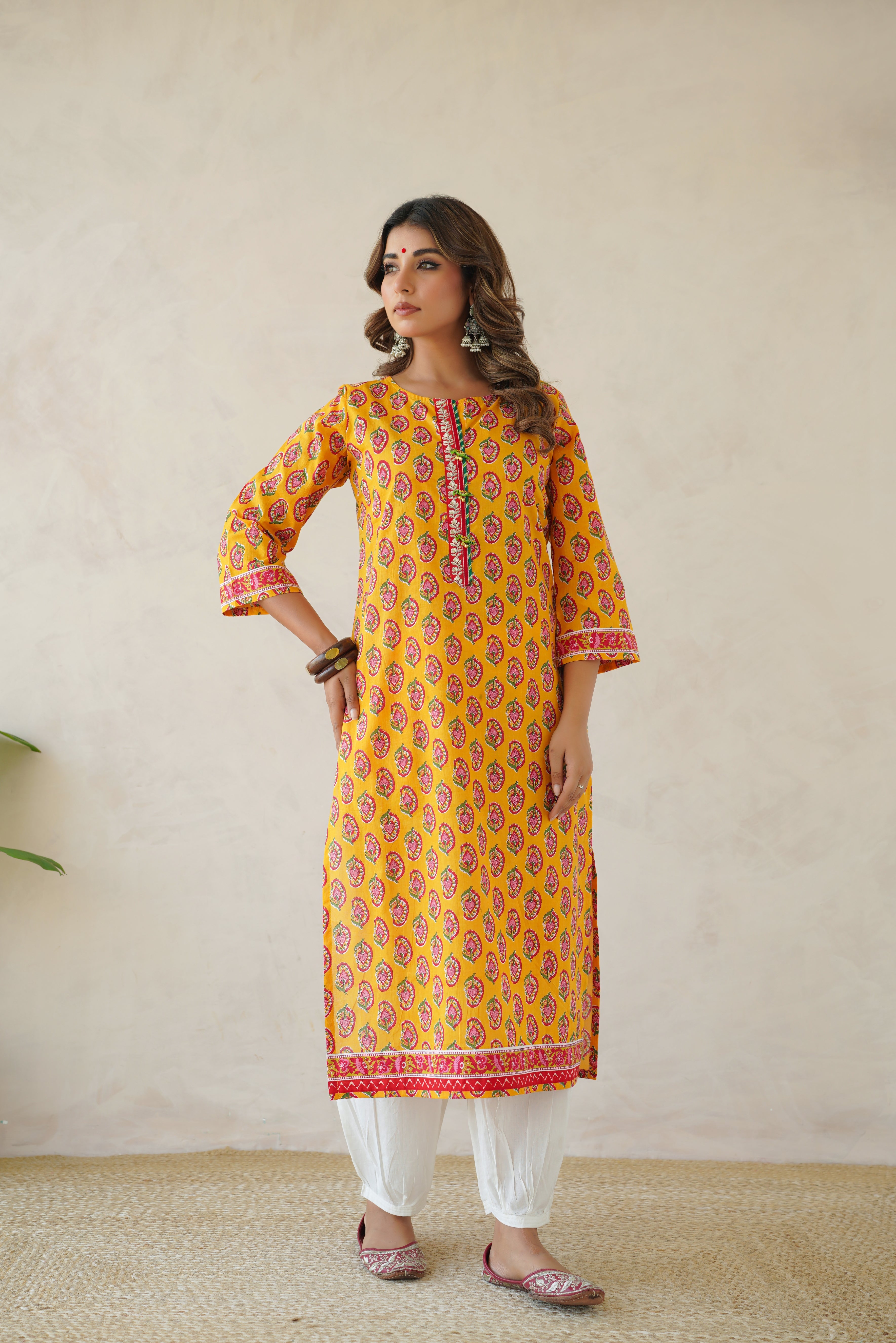 Yellow Motif Cotton Printed Kurta