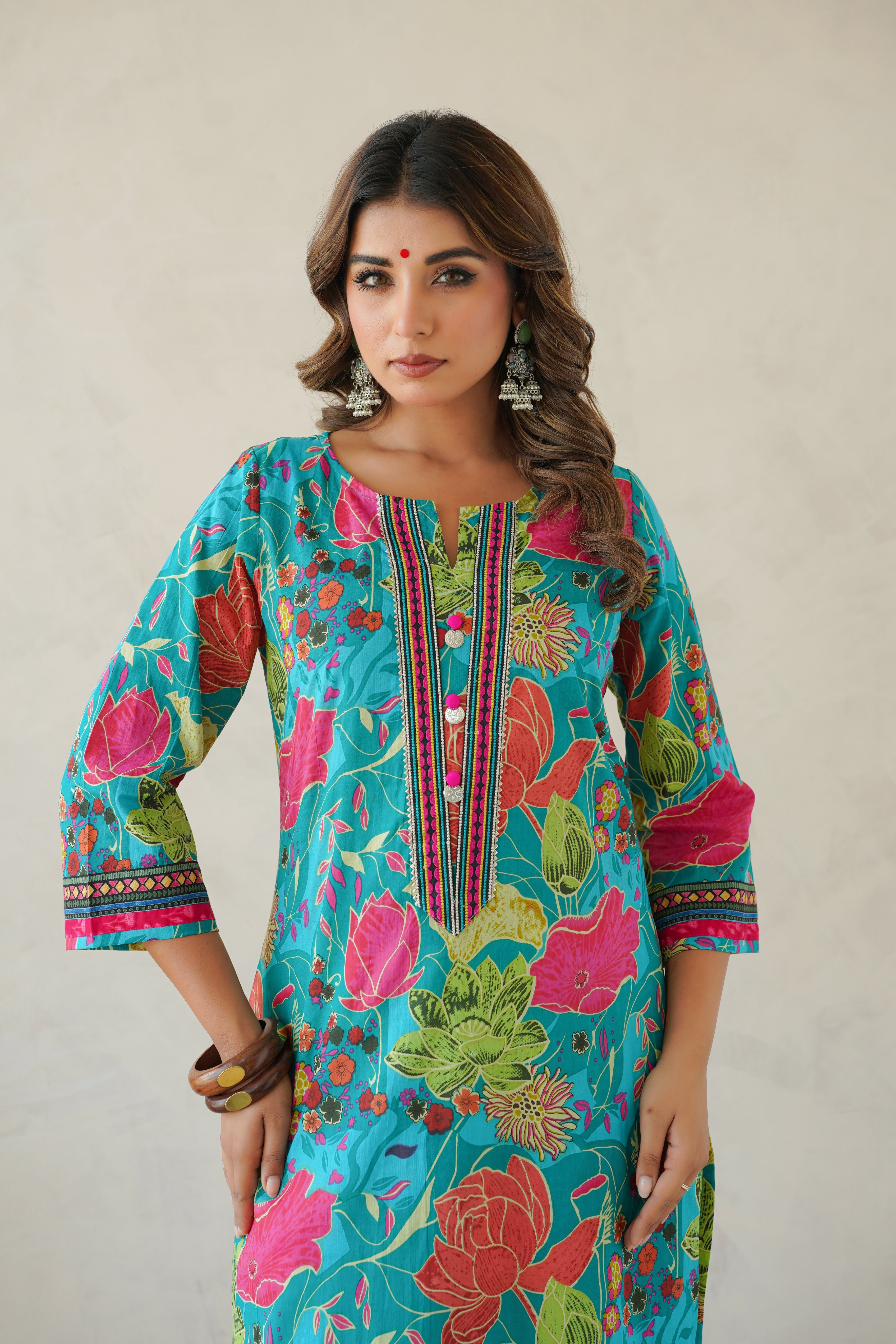 Firozi Multi Floral Cotton Printed Kurta
