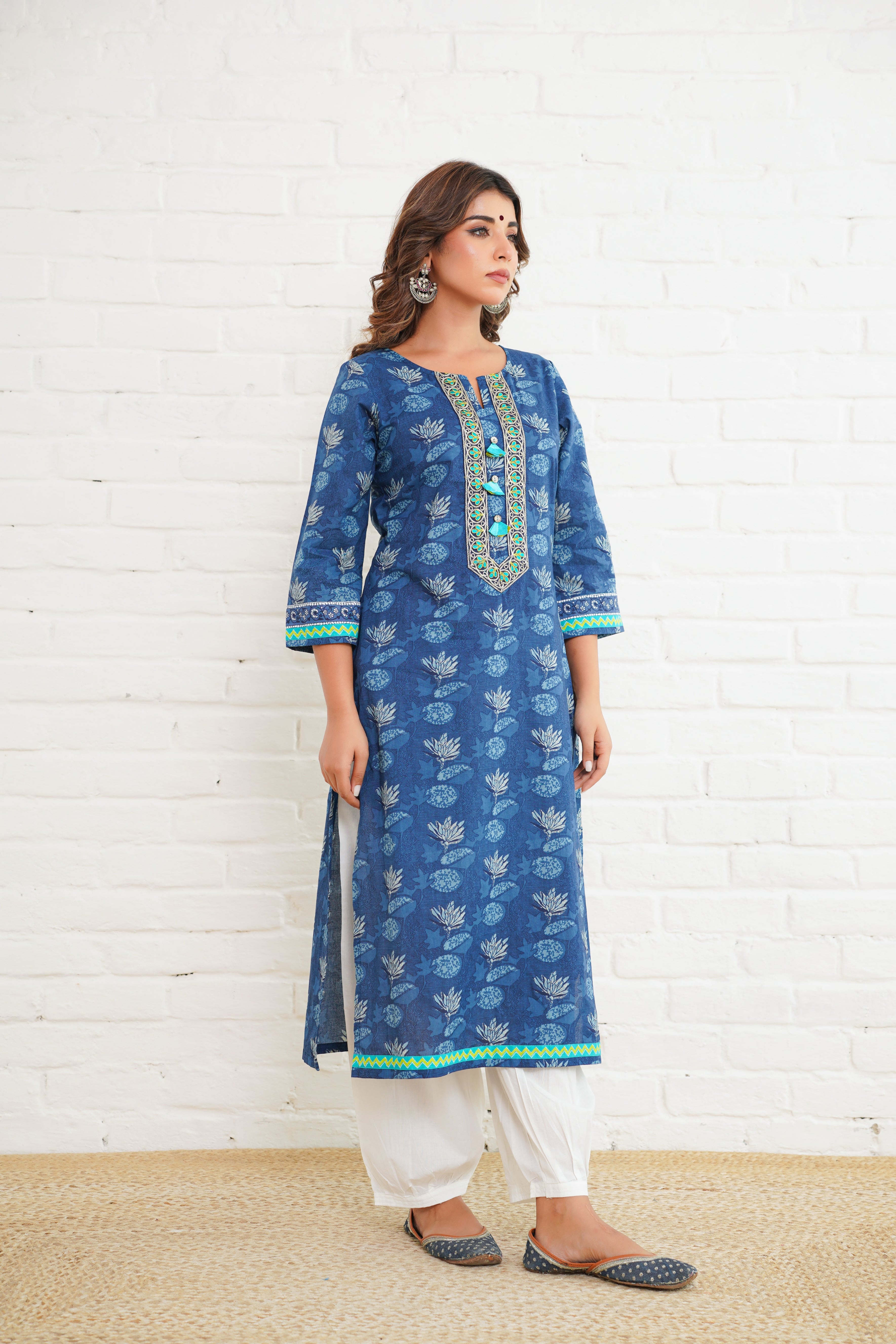 Indigo Floral Cotton Printed Kurta