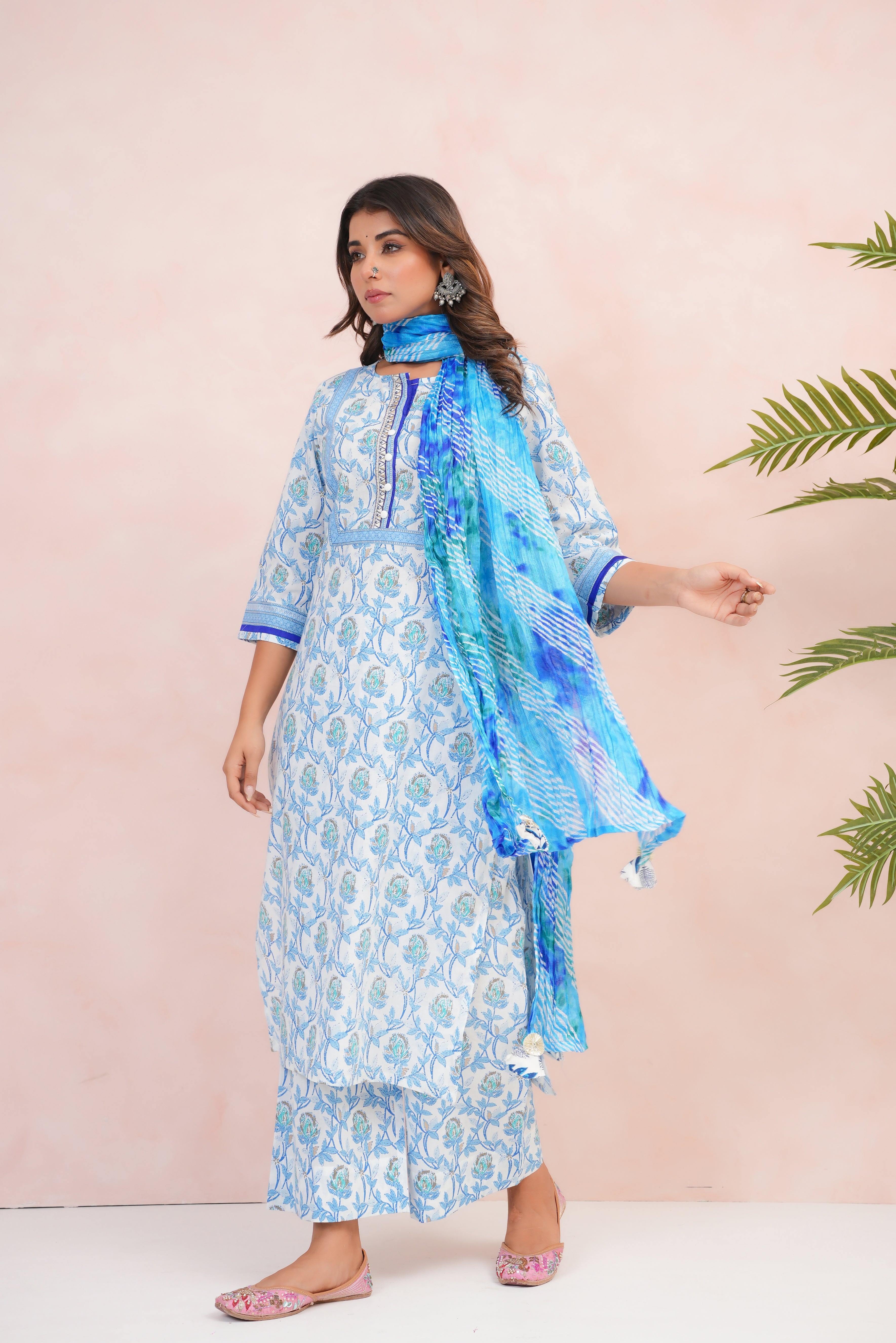 Blue Floral Printed Cotton Suit Set