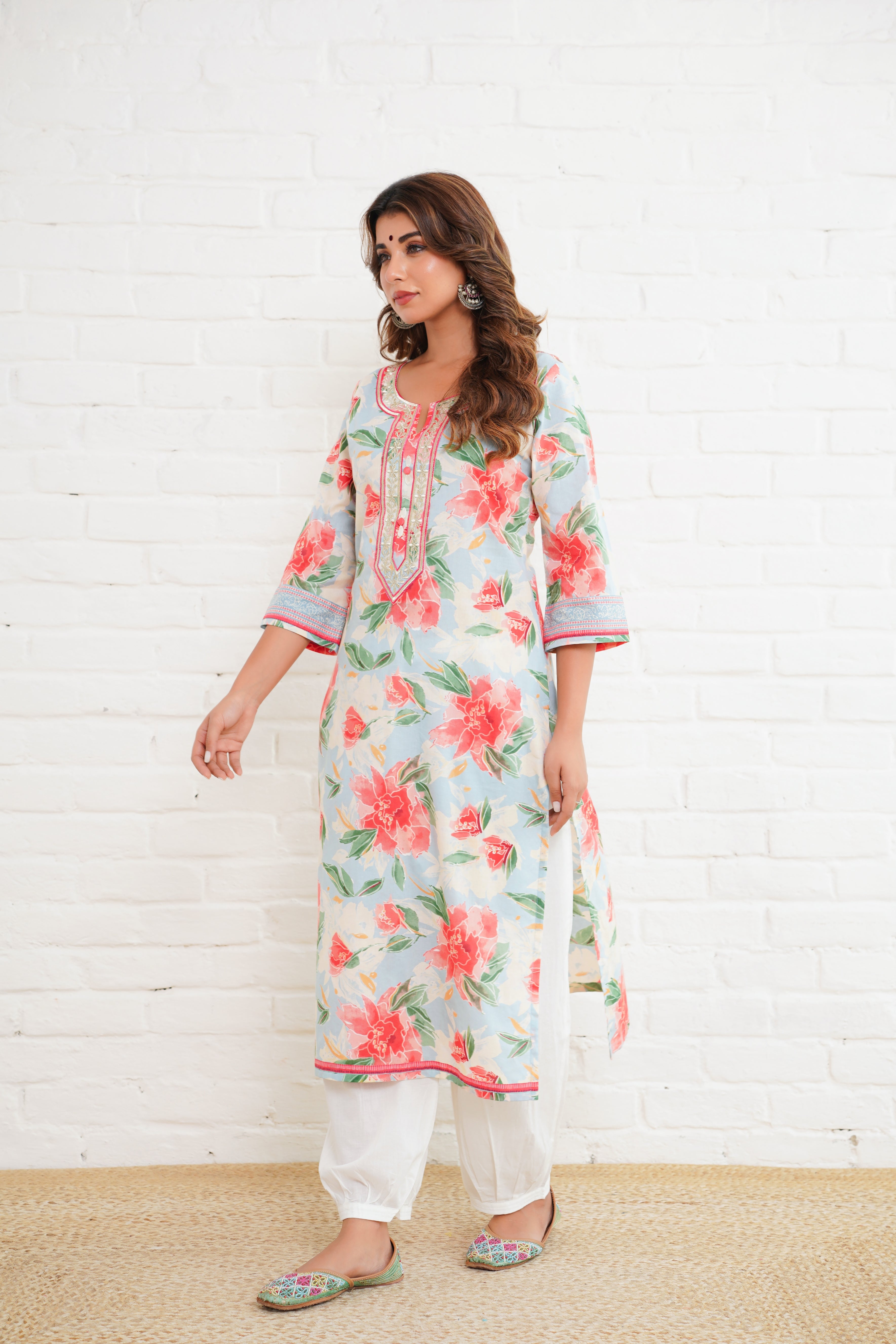 Blue Floral Printed Cotton Kurta