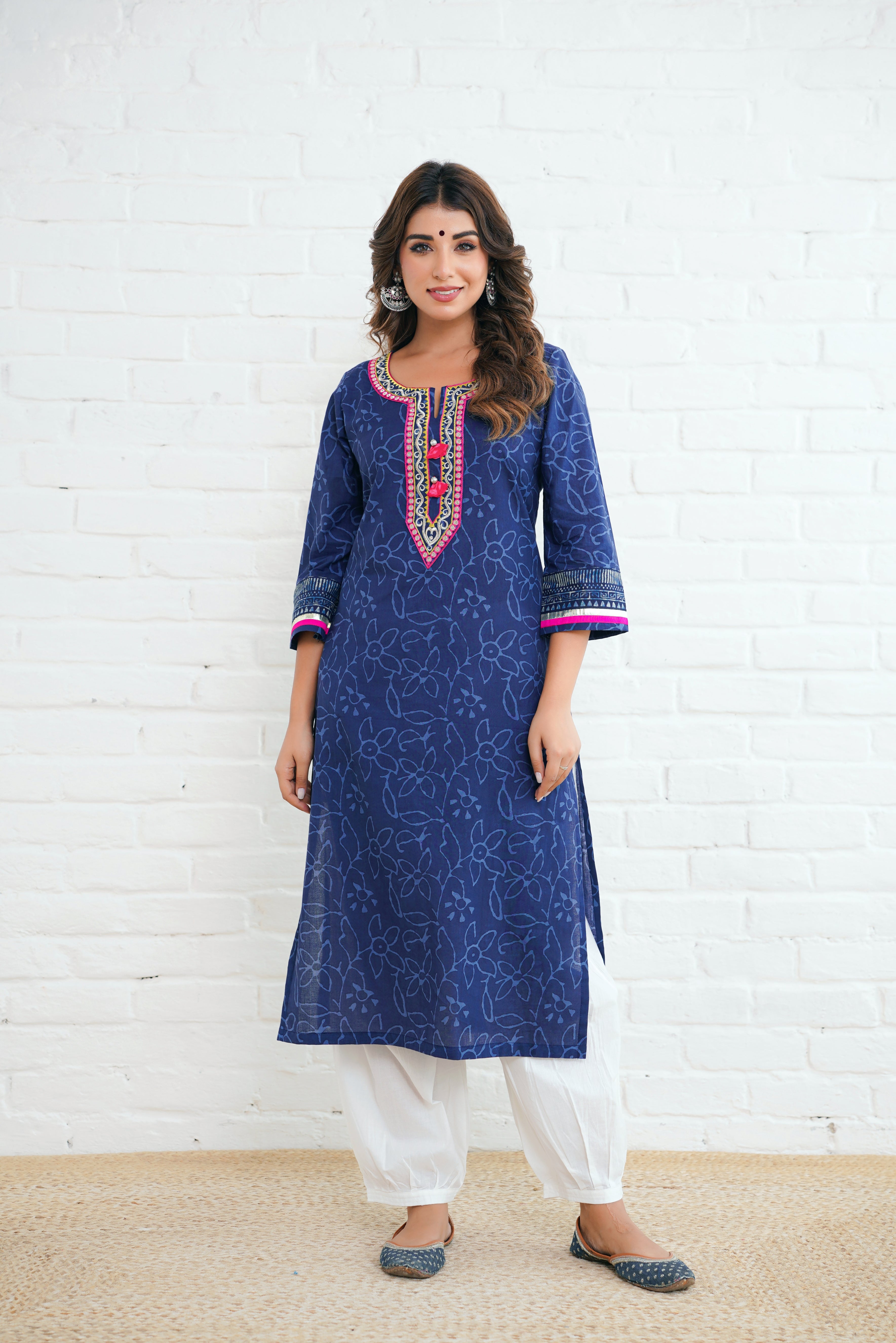 Indigo Floral Printed Cotton Kurta