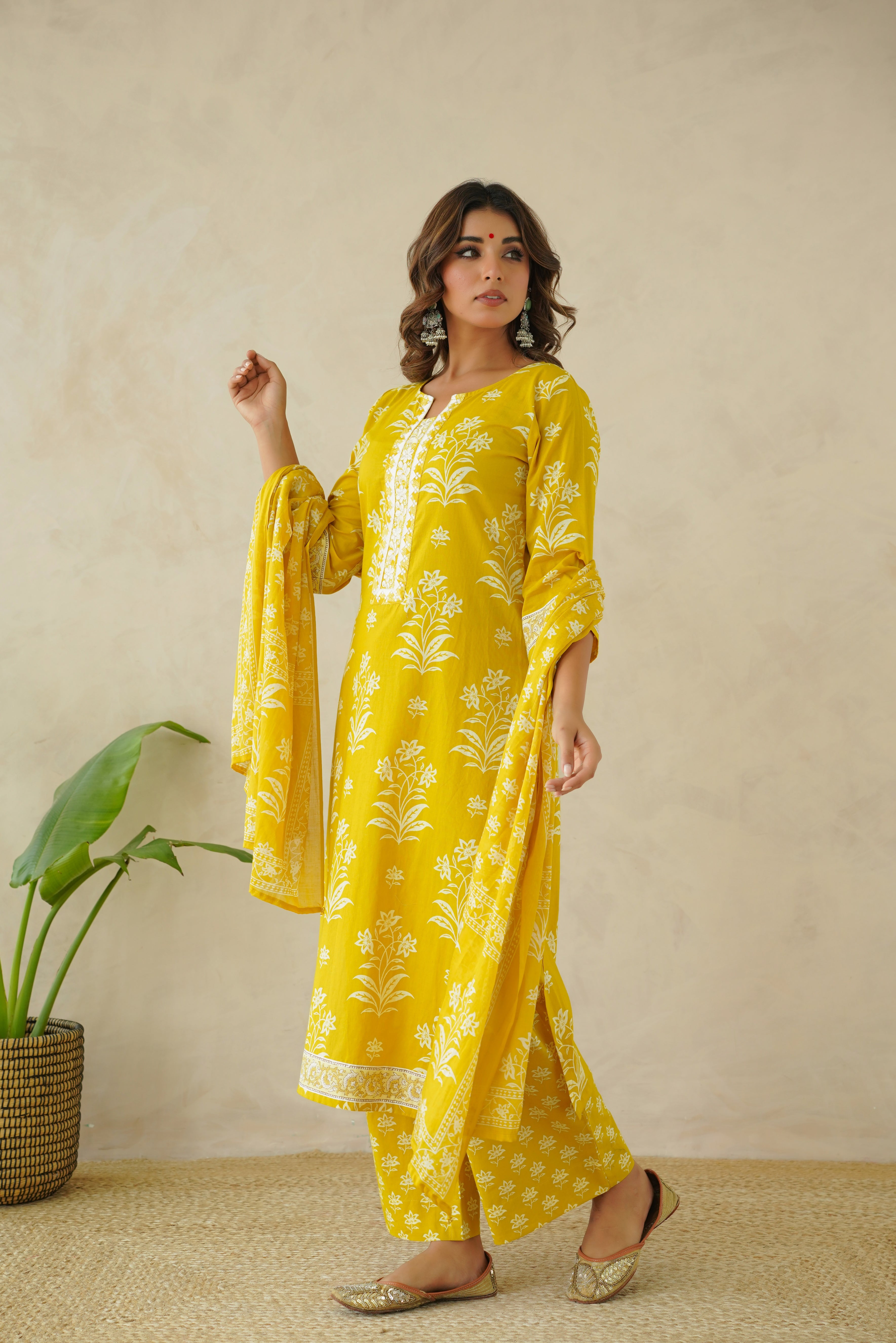 Yellow Motif  Printed Suit Set