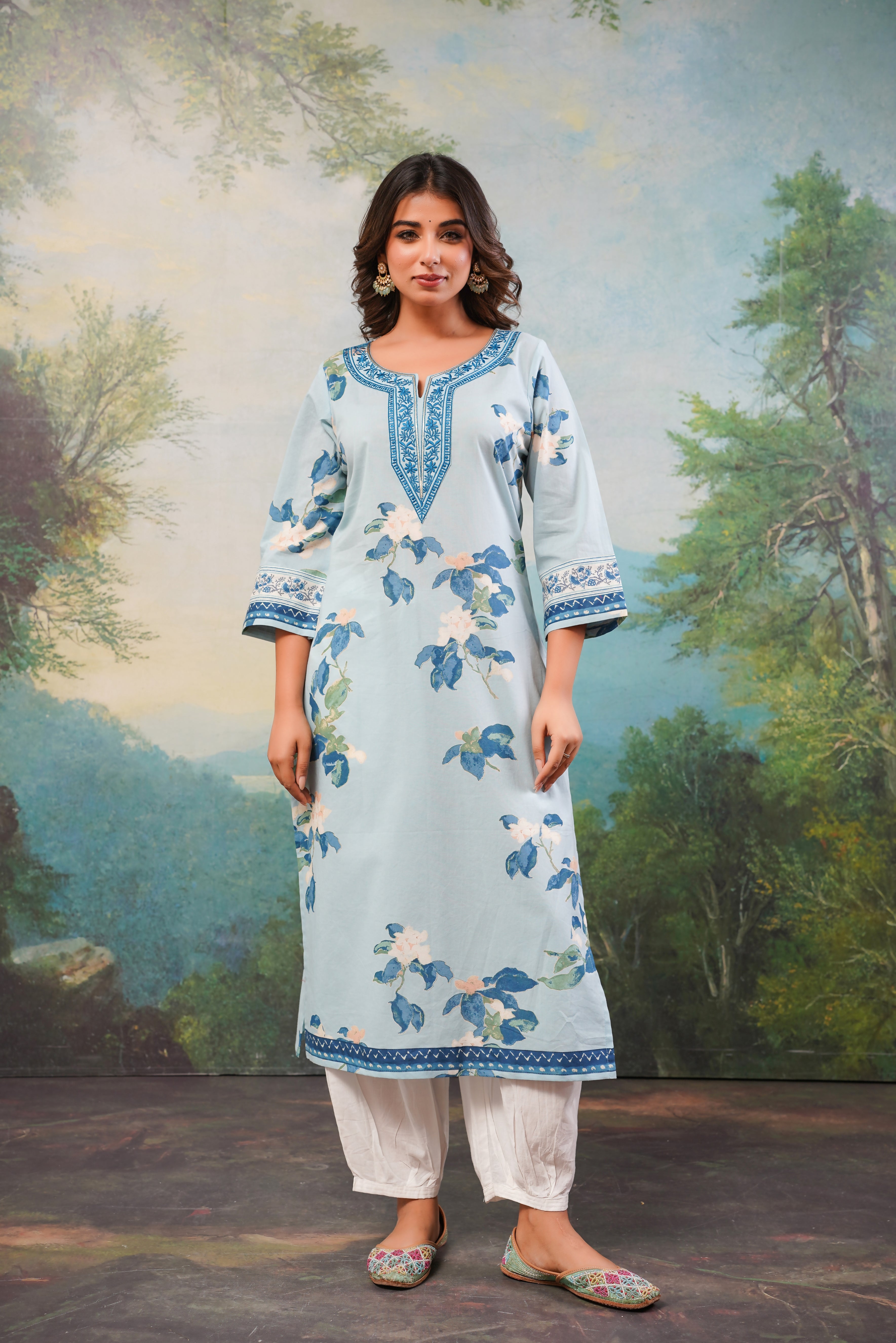 Blue Floral Printed Cotton Kurta