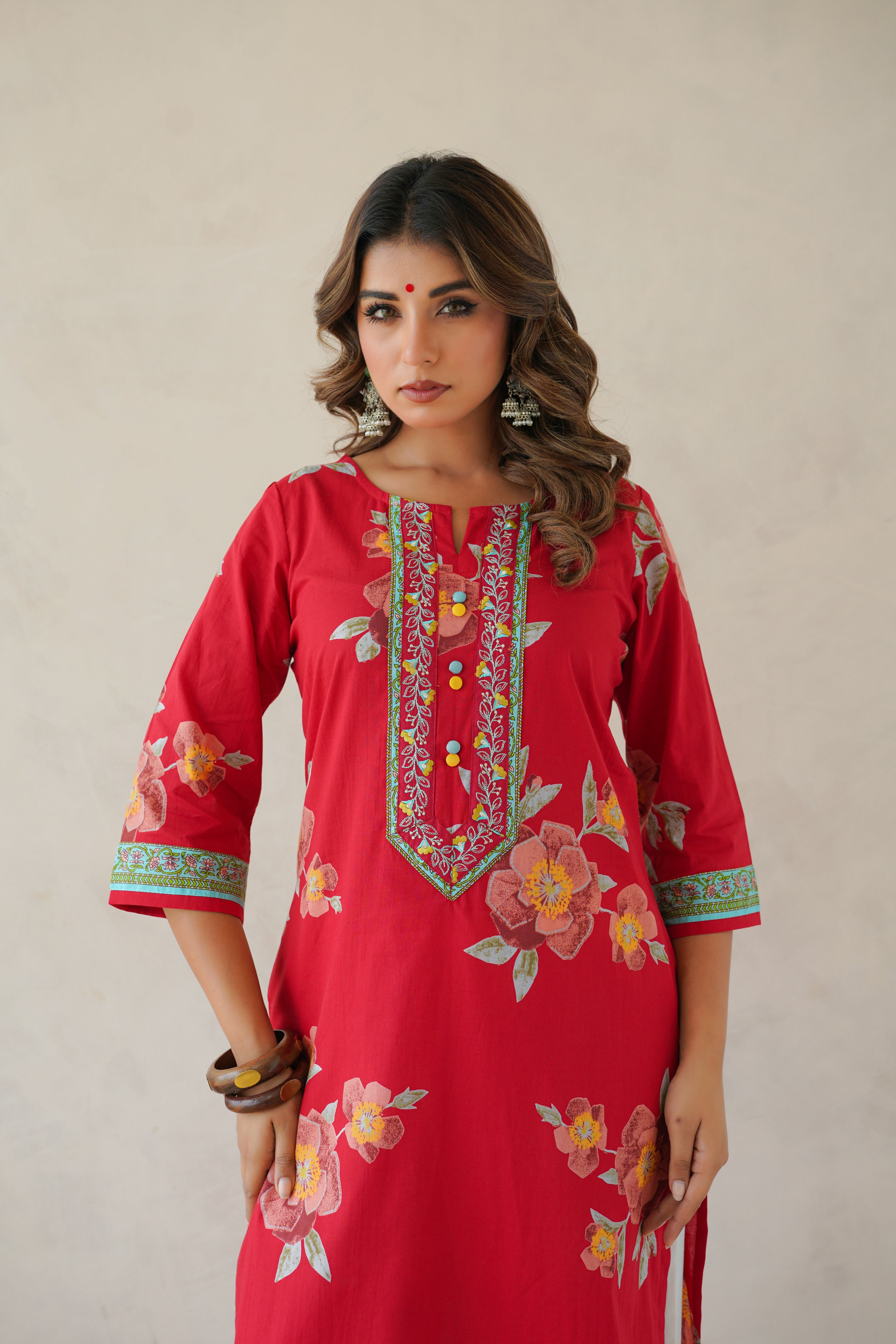 Red Floral Cotton Printed Kurta