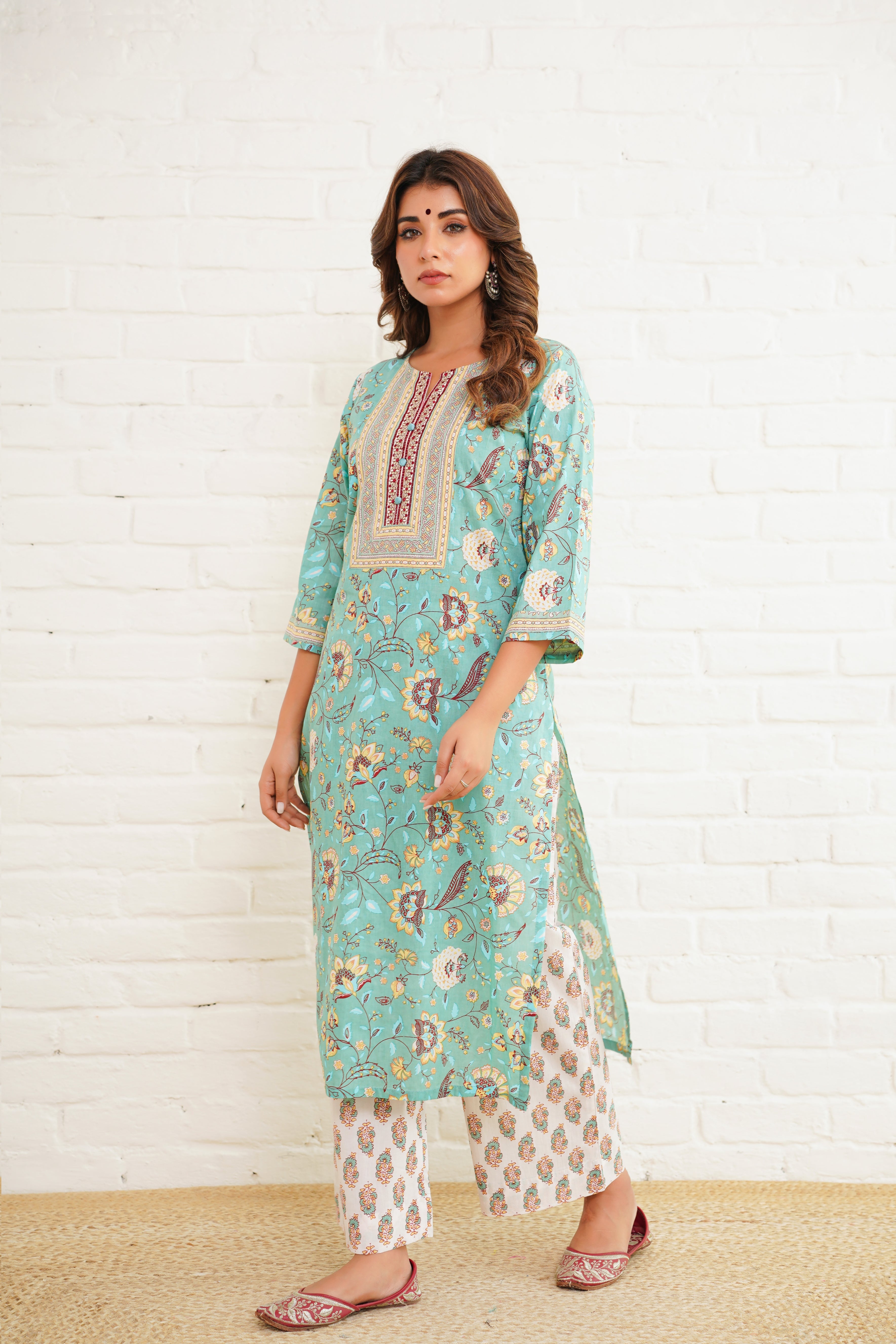 Sea Green Printed Cotton Suit Set