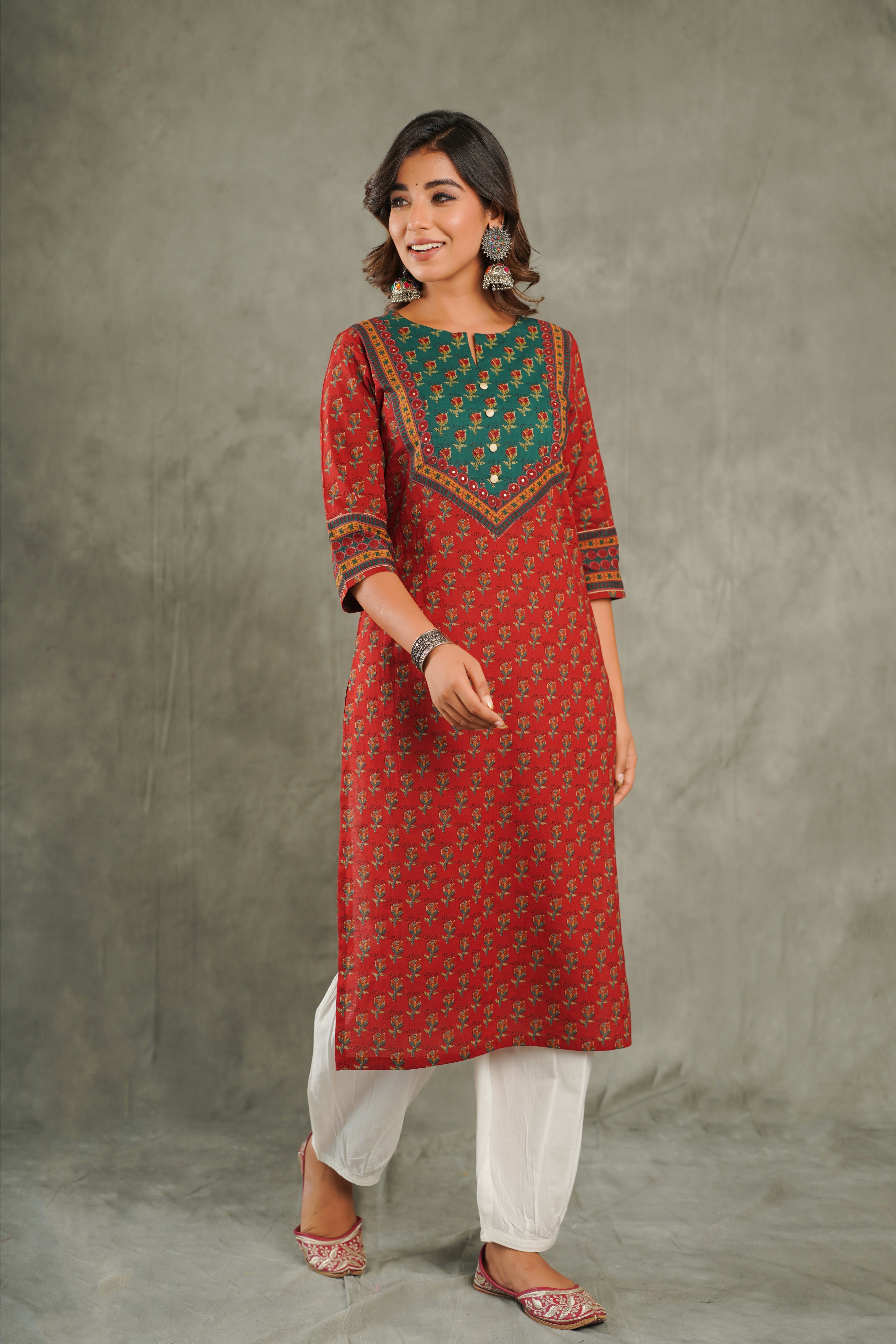 Maroon Floral Printed Cotton Kurta