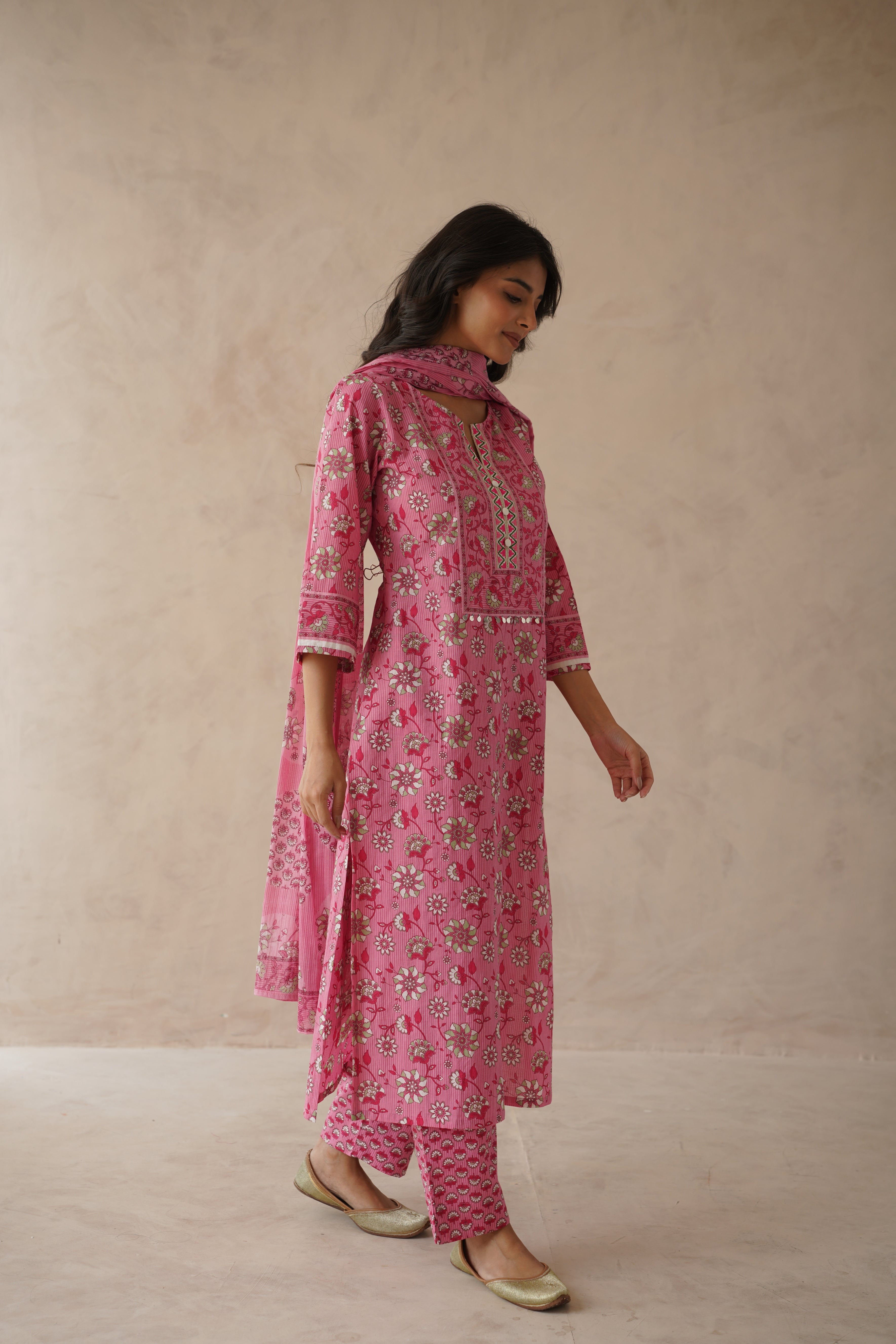 Pink Floral Cotton Suit Set