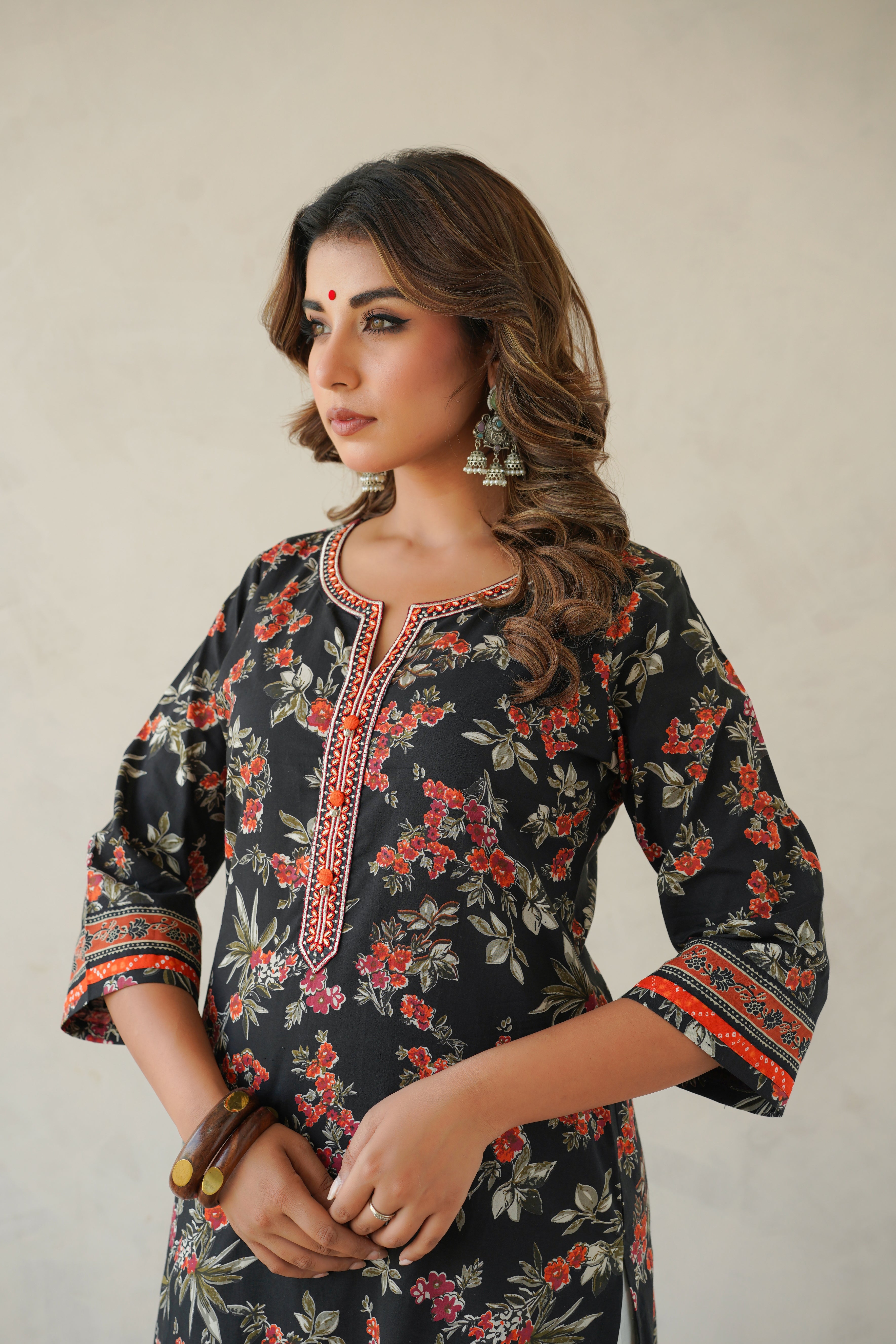 Black Floral Cotton Printed Kurta