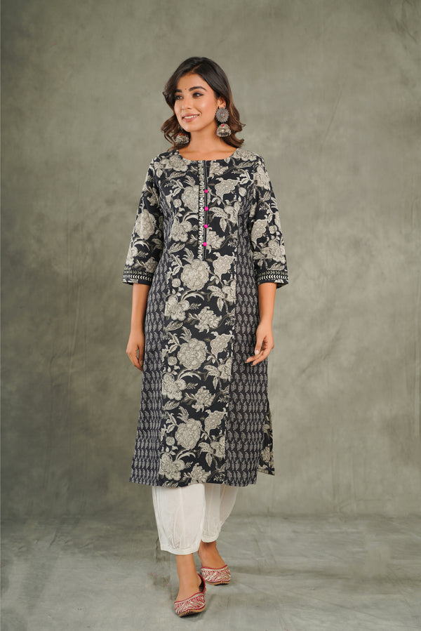 Black Floral Printed Cotton Kurta