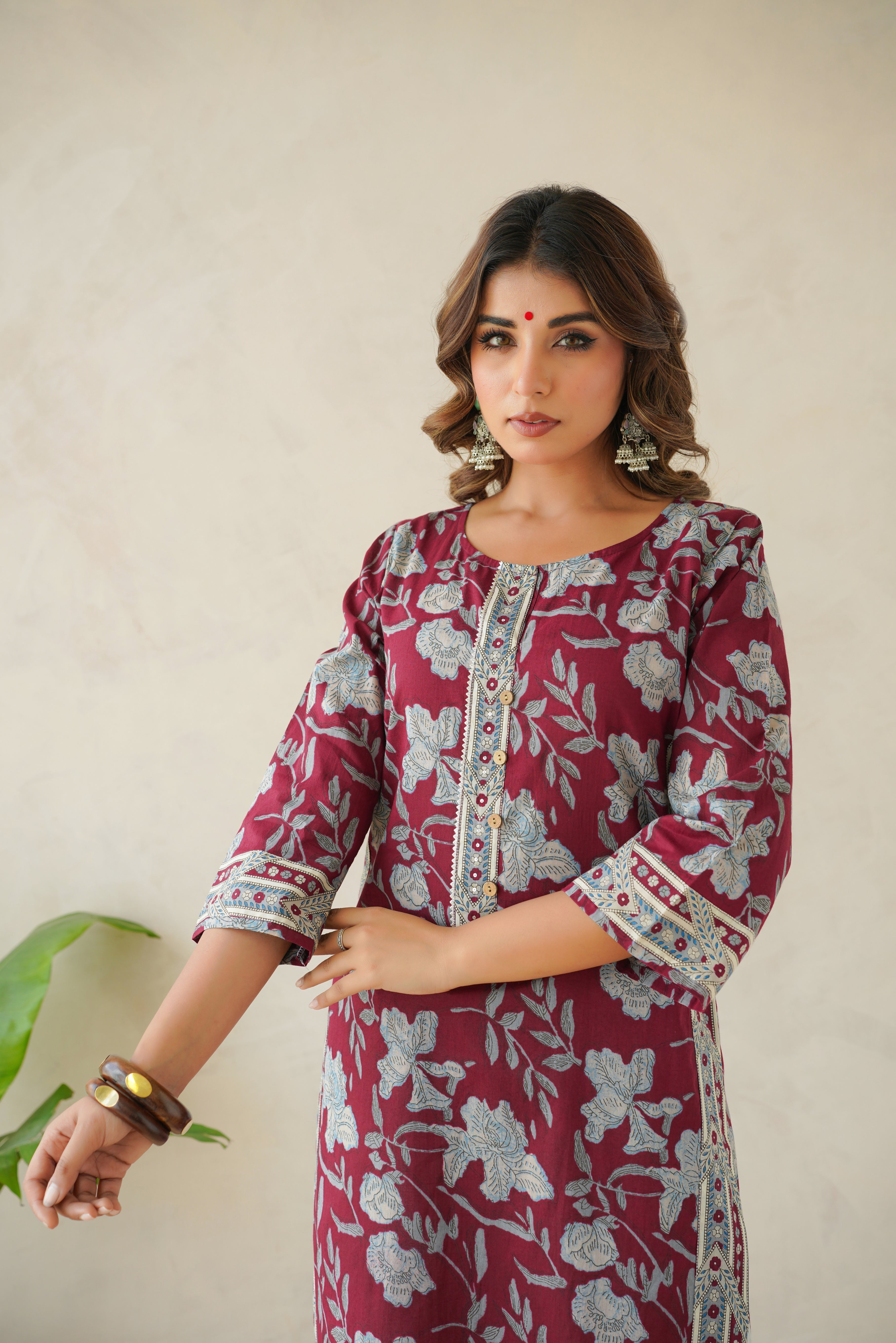Wine Floral Cotton Printed Kurta