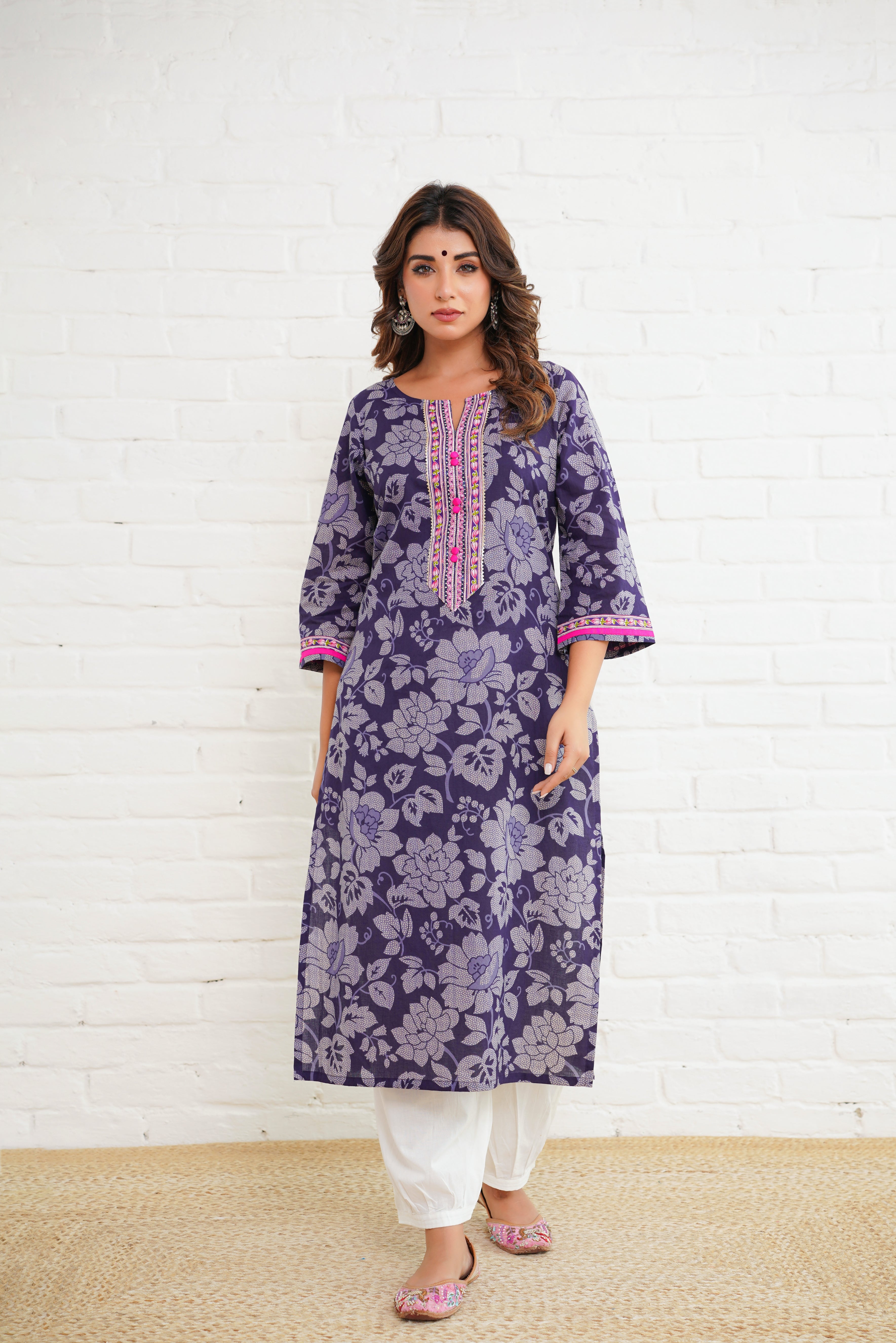 Purple Floral Cotton Printed Kurta