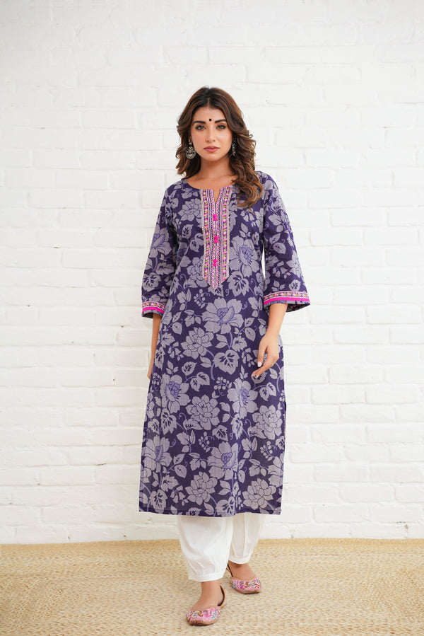 Purple Floral Cotton Printed Kurta