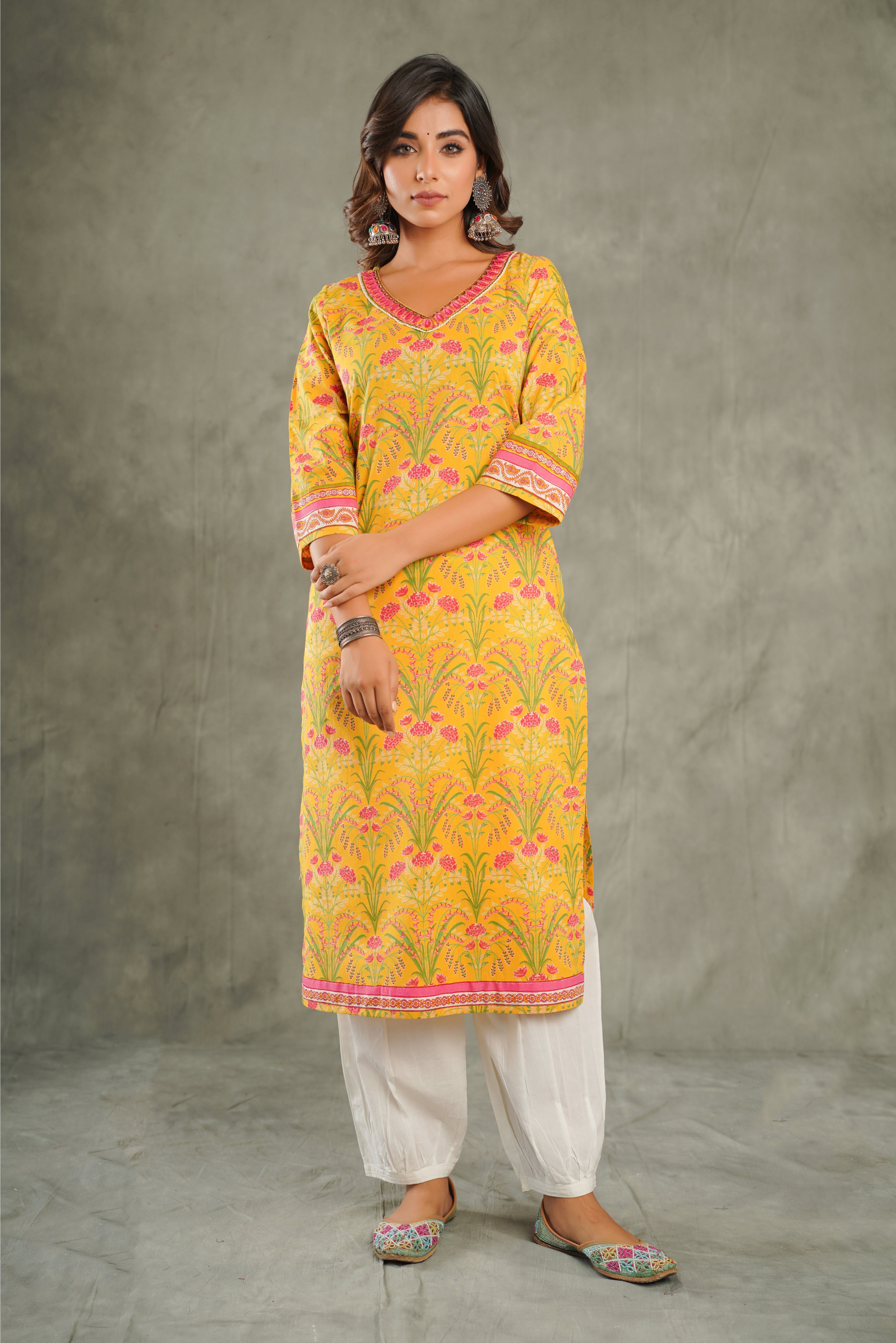 Mustard Embroidered Floral Printed Cotton Kurta