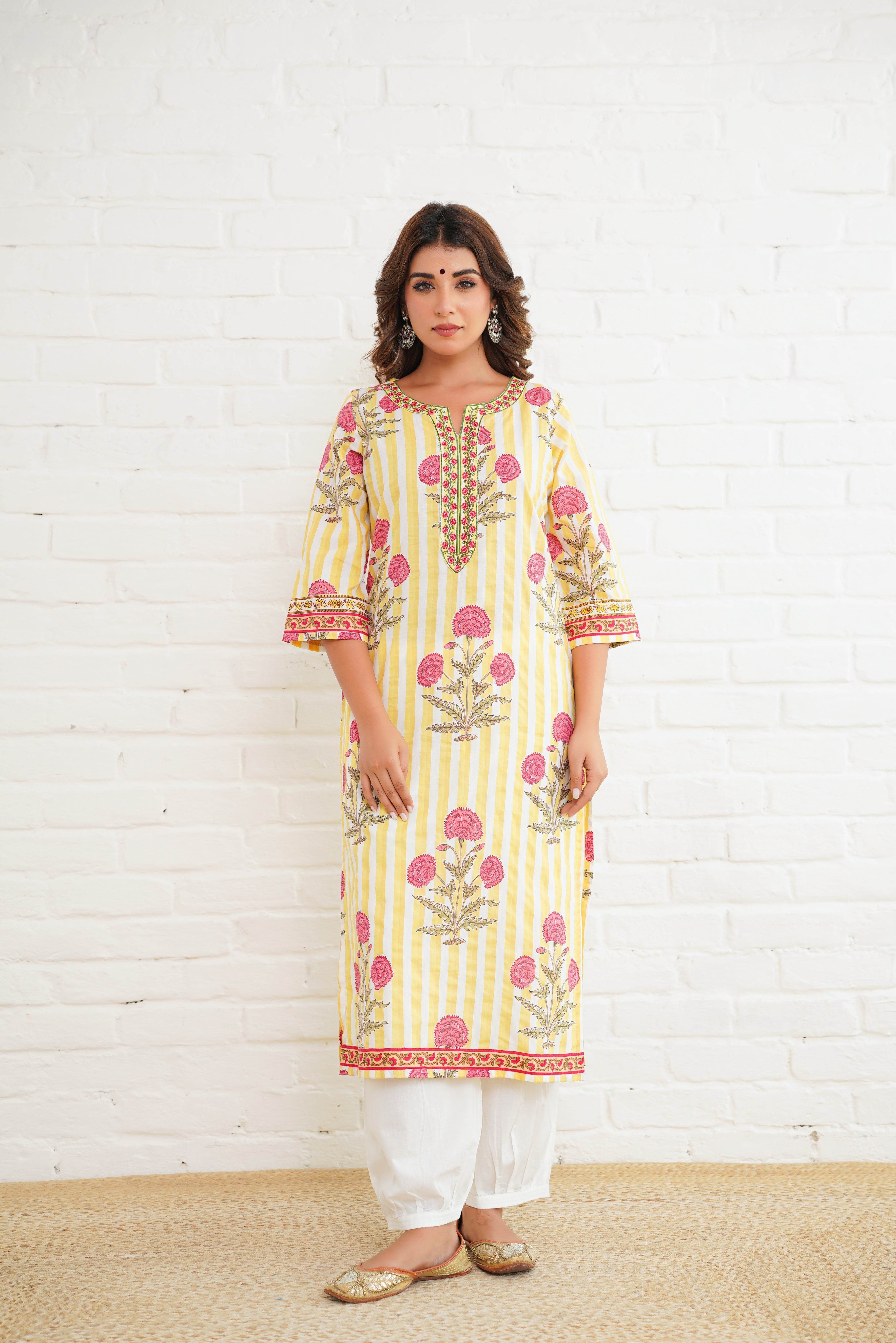 Yellow Stripe Printed Cotton Kurta