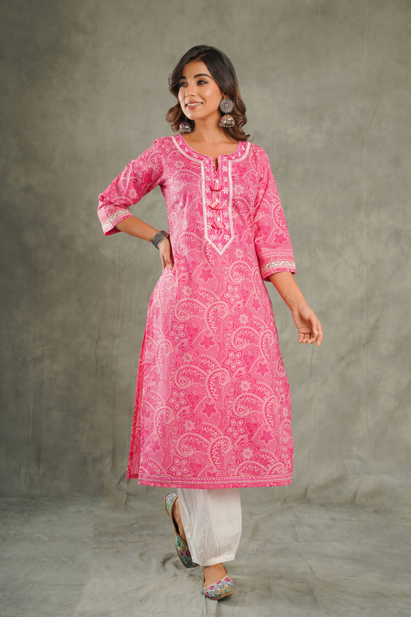 Pink Paisley Printed Cotton Kurta