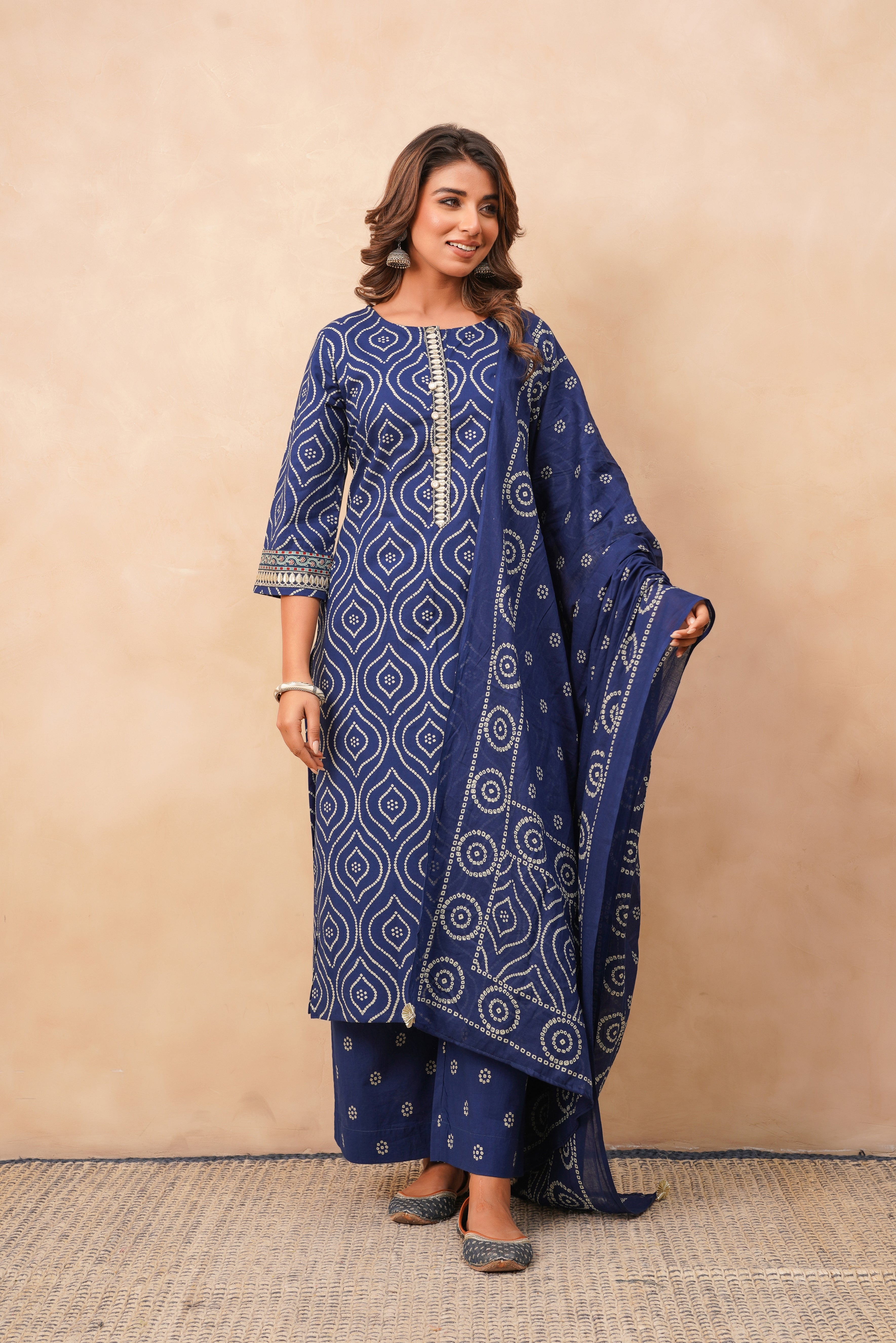 Blue Bhandej Printed Cotton Suit Set