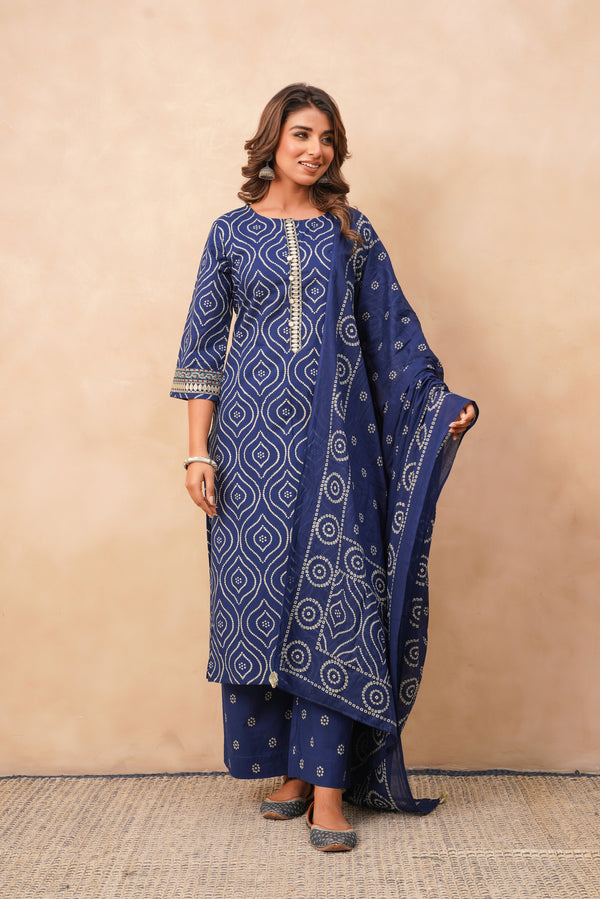 Blue Bhandej Printed Cotton Suit Set