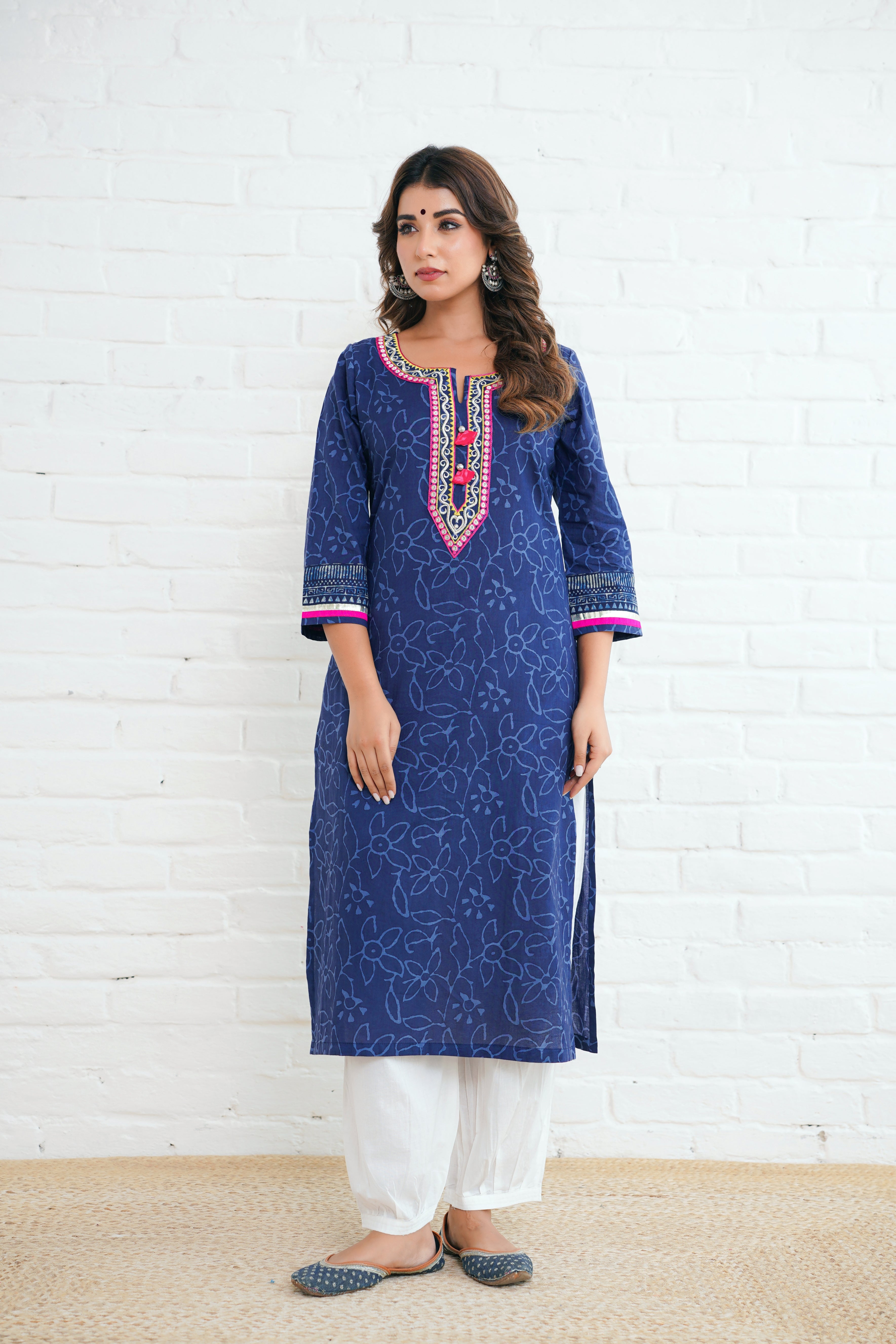 Indigo Floral Printed Cotton Kurta