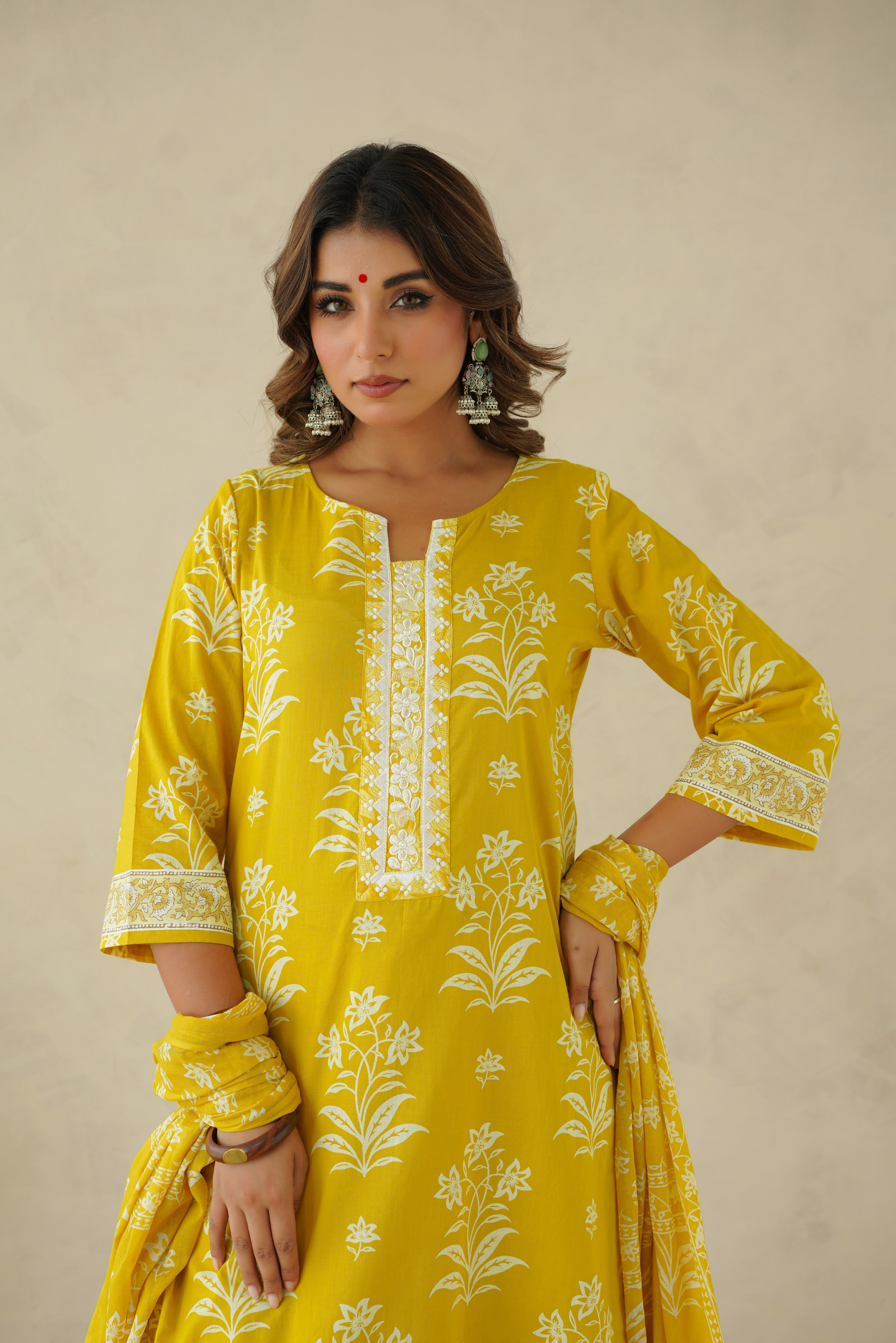 Yellow Motif  Printed Suit Set