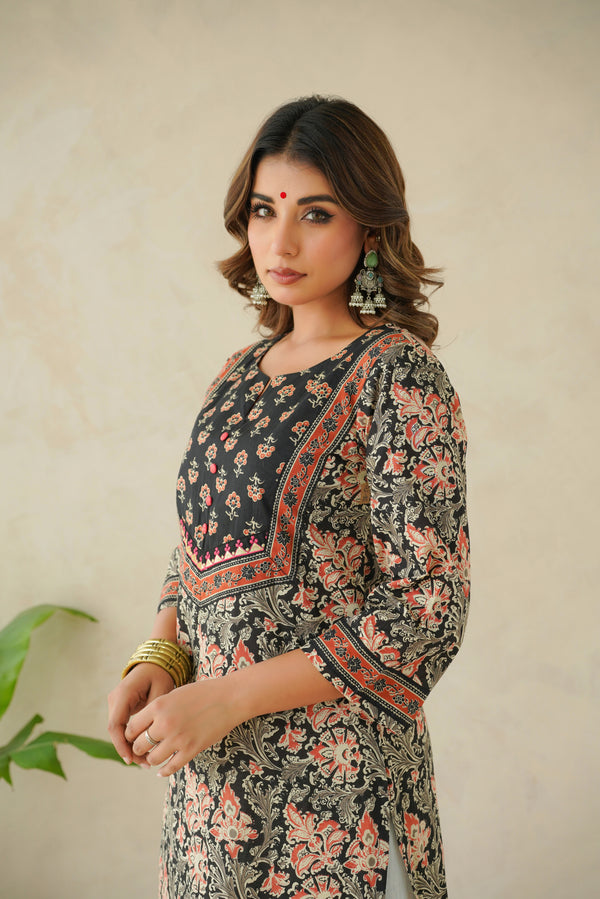 Black Floral Cotton Printed Kurta