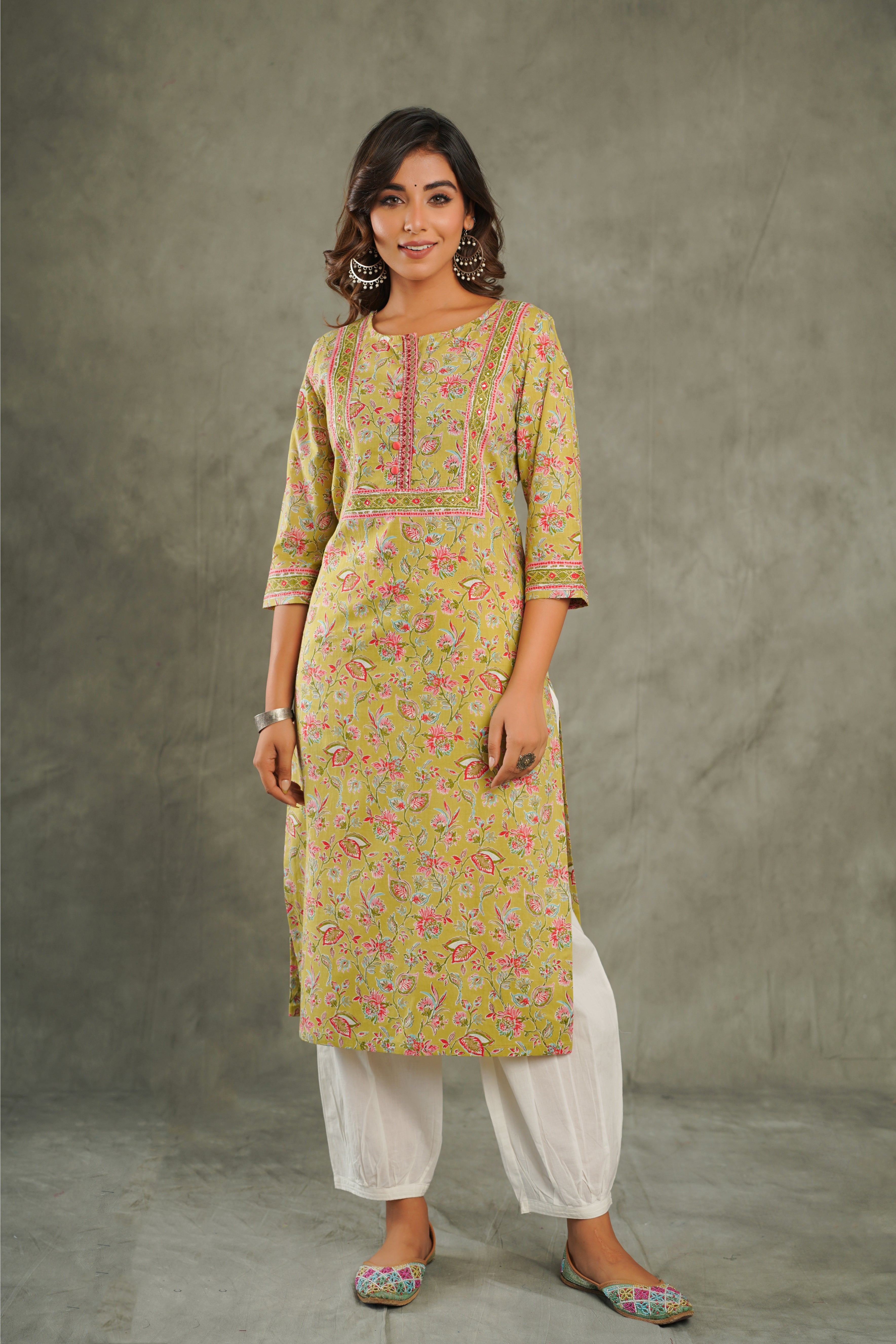 Mehendi Floral Printed Cotton Kurta