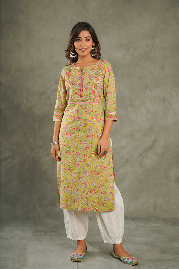 Mehendi Floral Printed Cotton Kurta