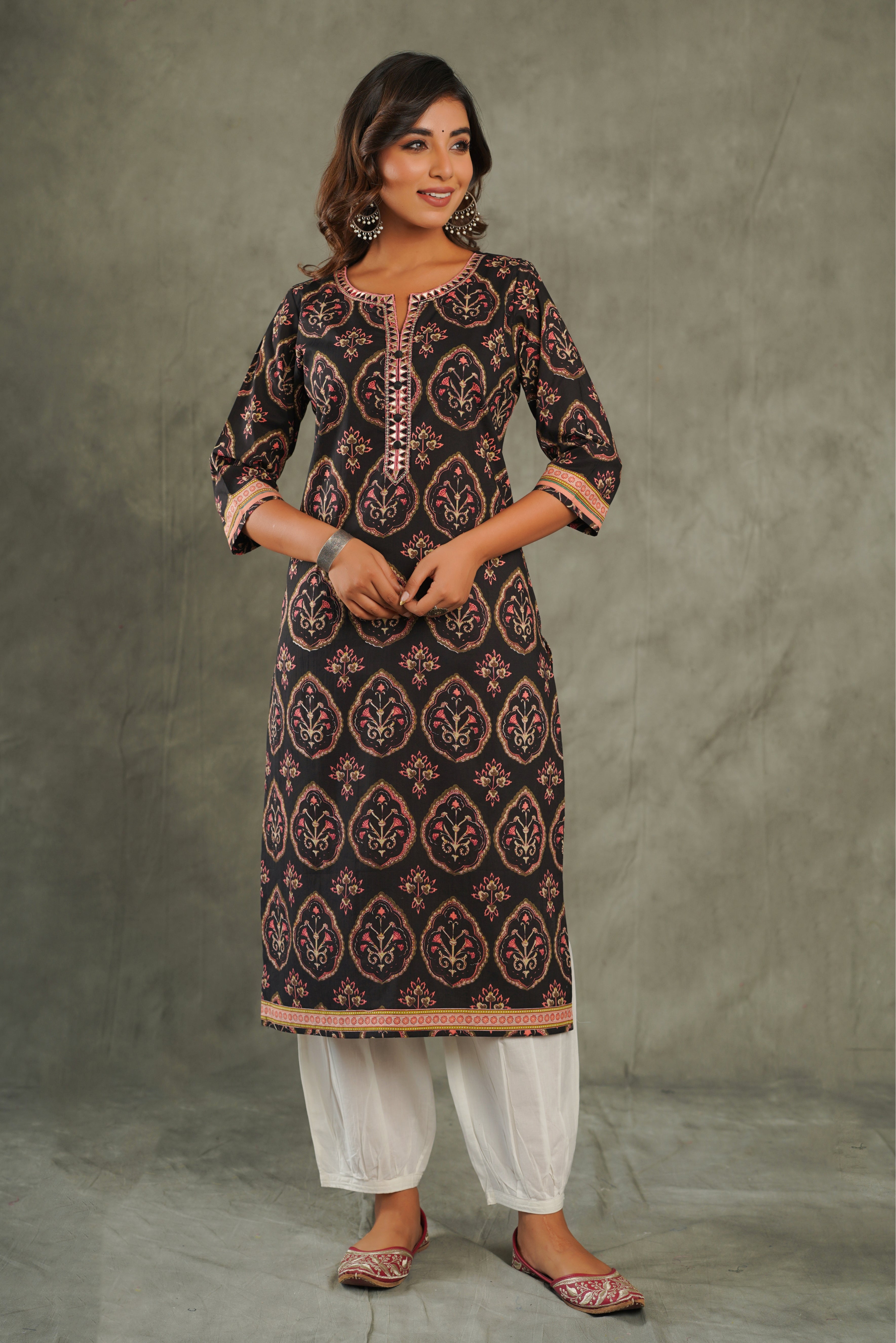 Black Motif Printed Cotton Kurta