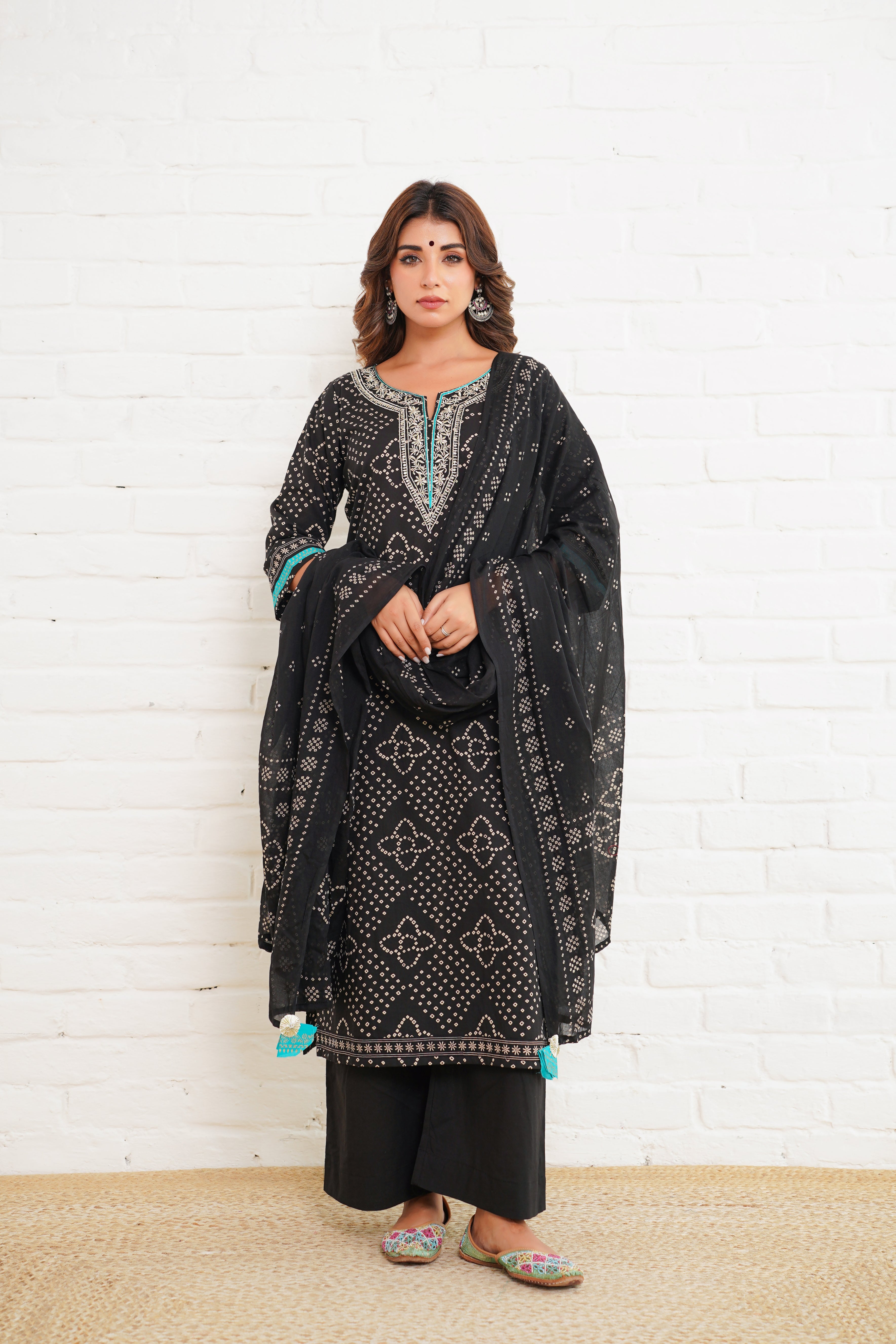 Black Bhandej Cotton Suit Set