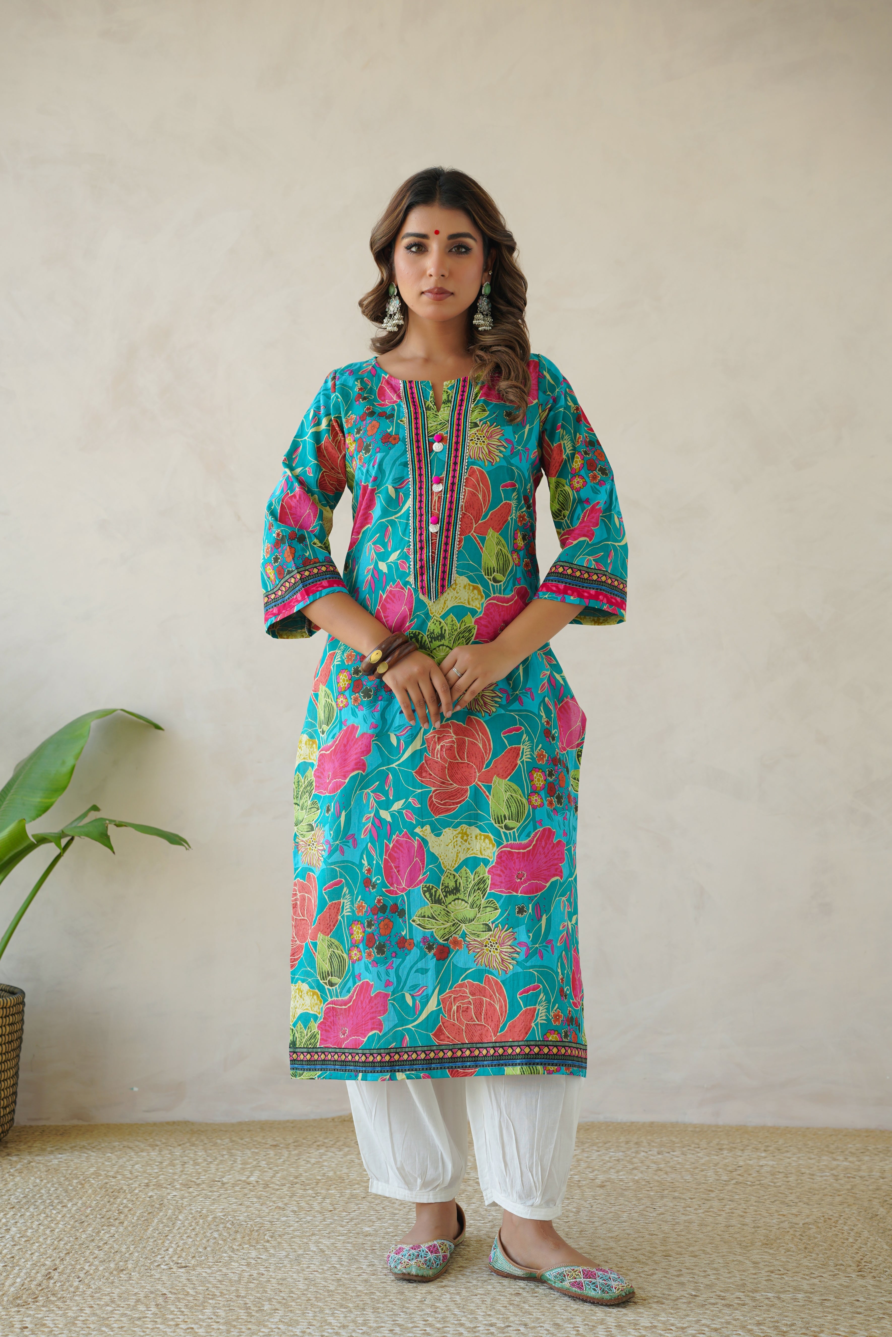 Firozi Multi Floral Cotton Printed Kurta