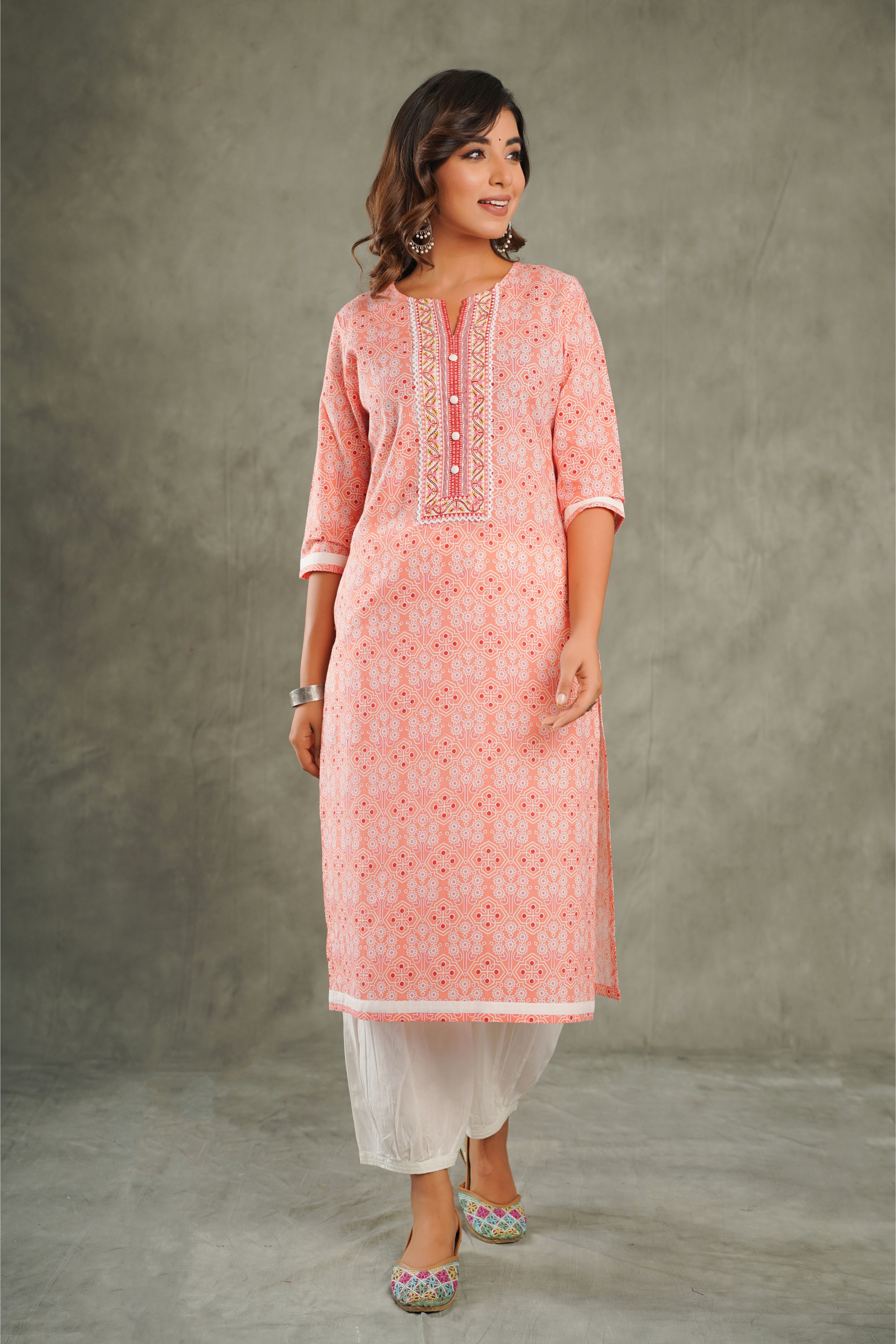 Peach Motif Printed Cotton Kurta