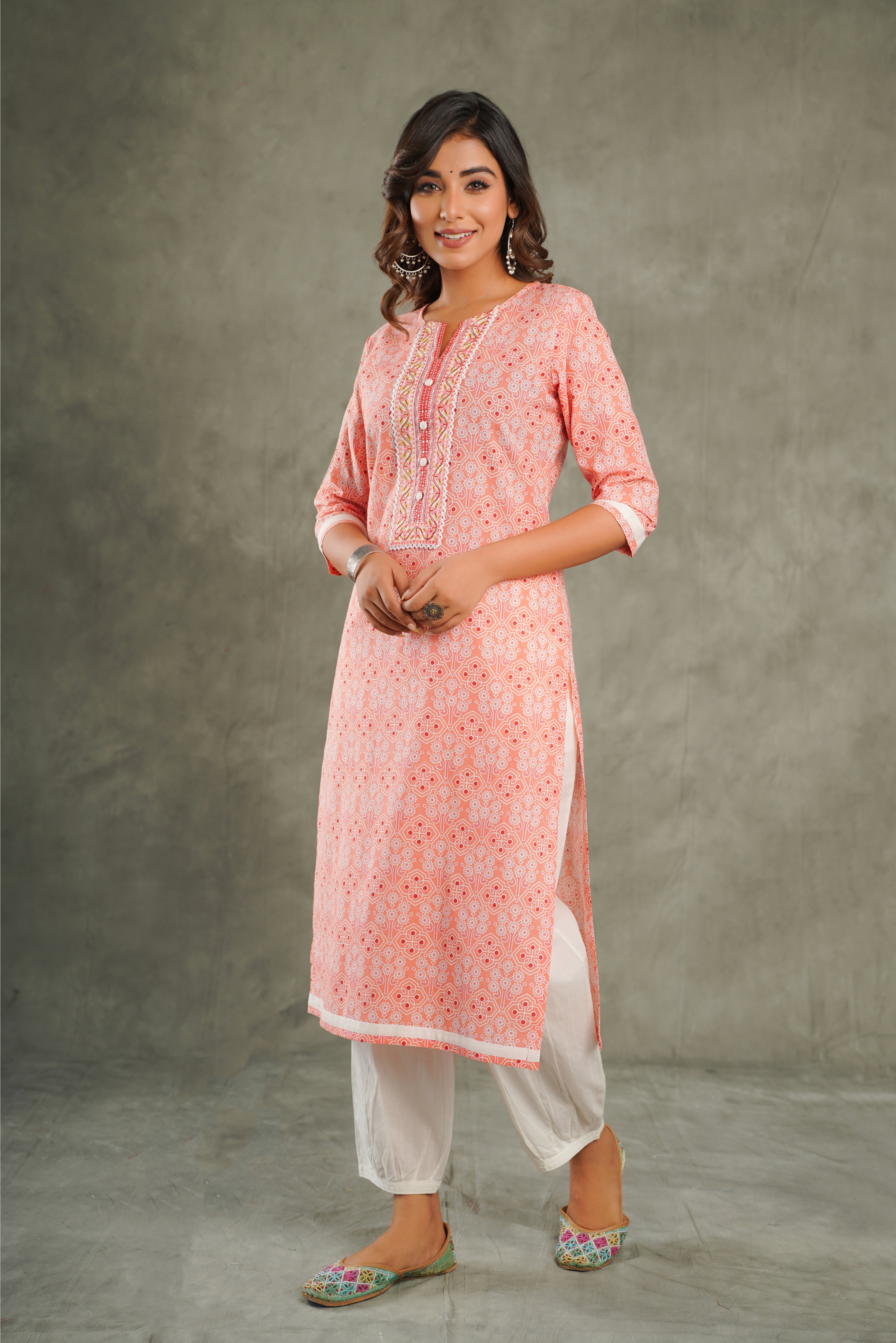 Peach Motif Printed Cotton Kurta