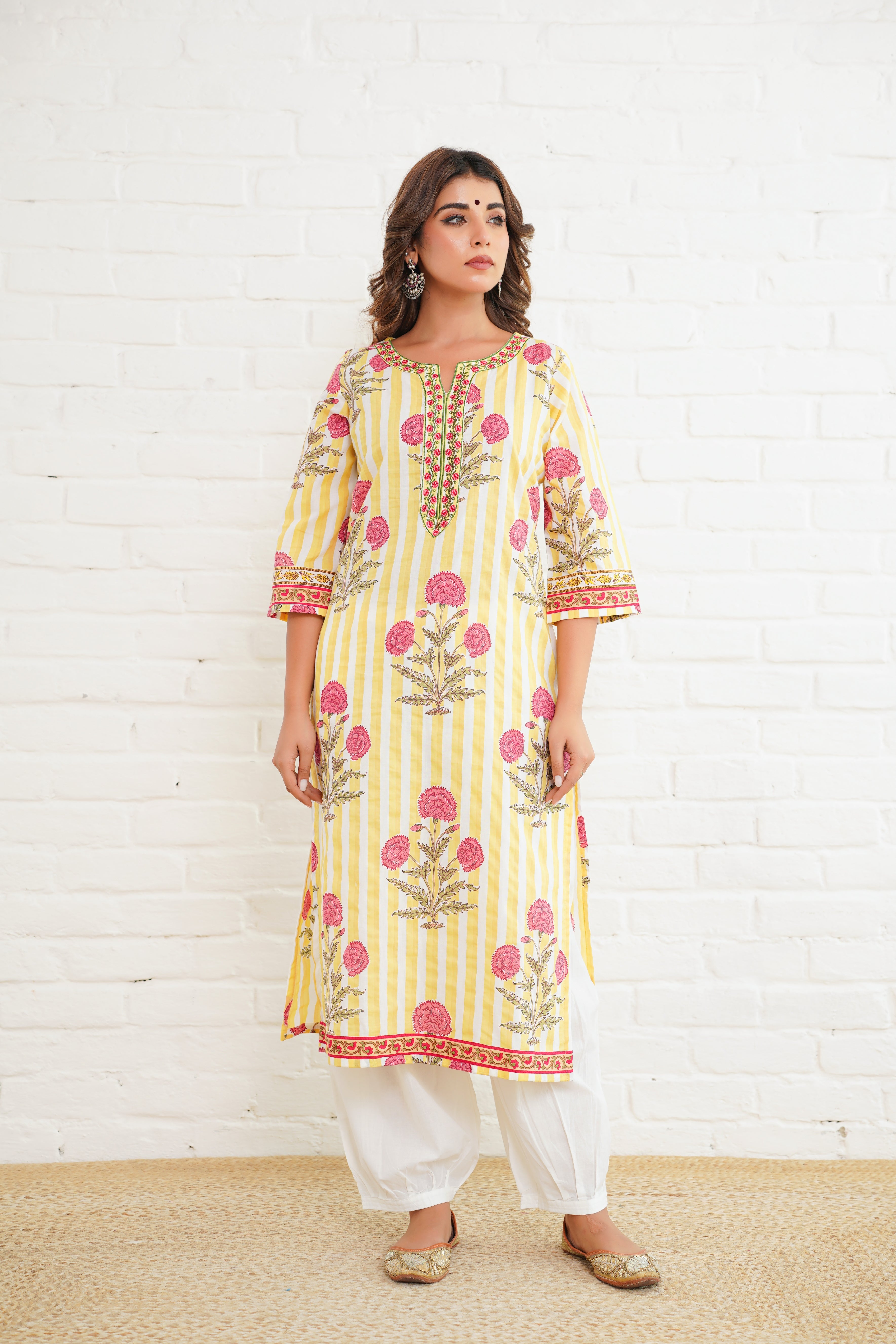 Yellow Stripe Printed Cotton Kurta