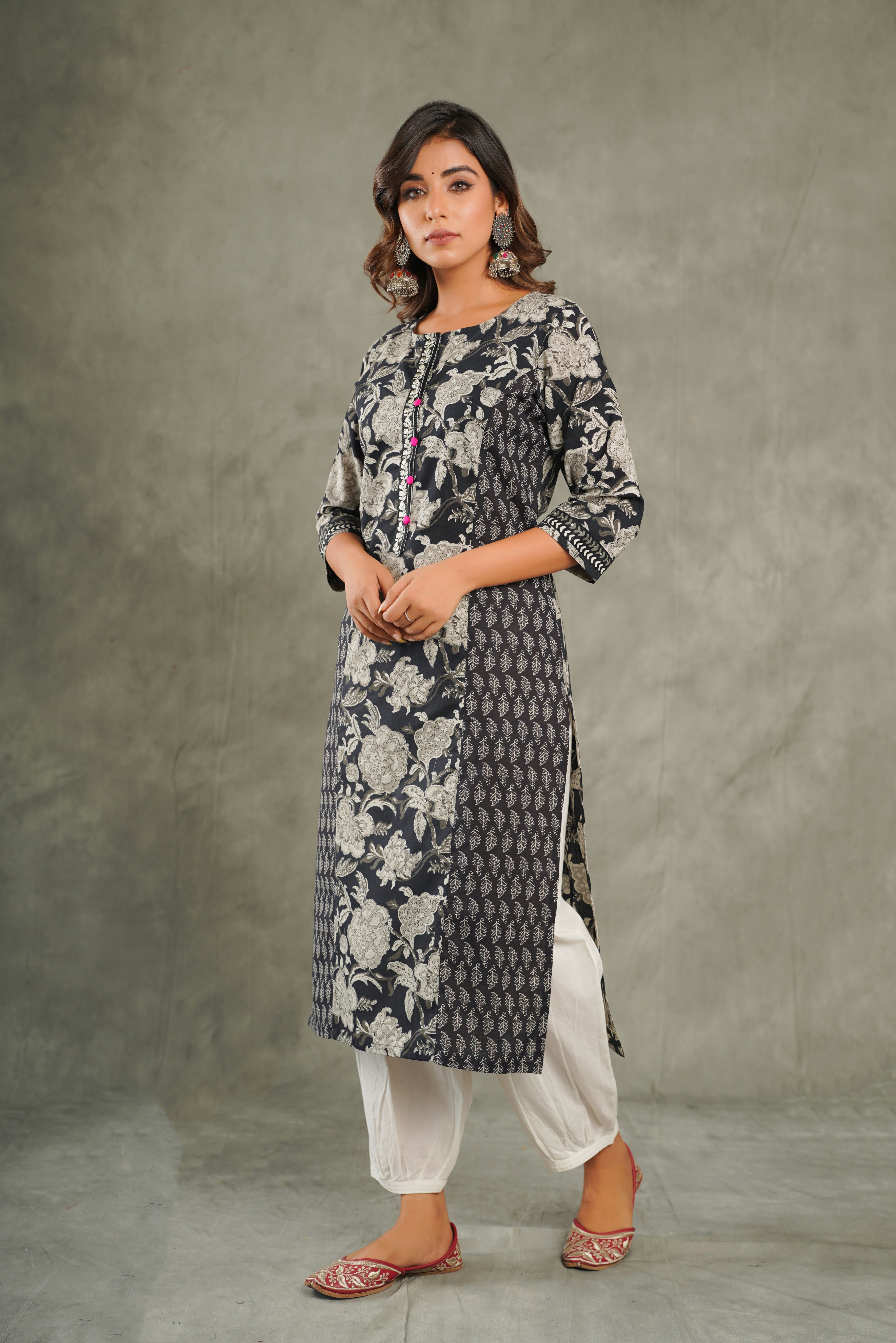 Black Floral Printed Cotton Kurta