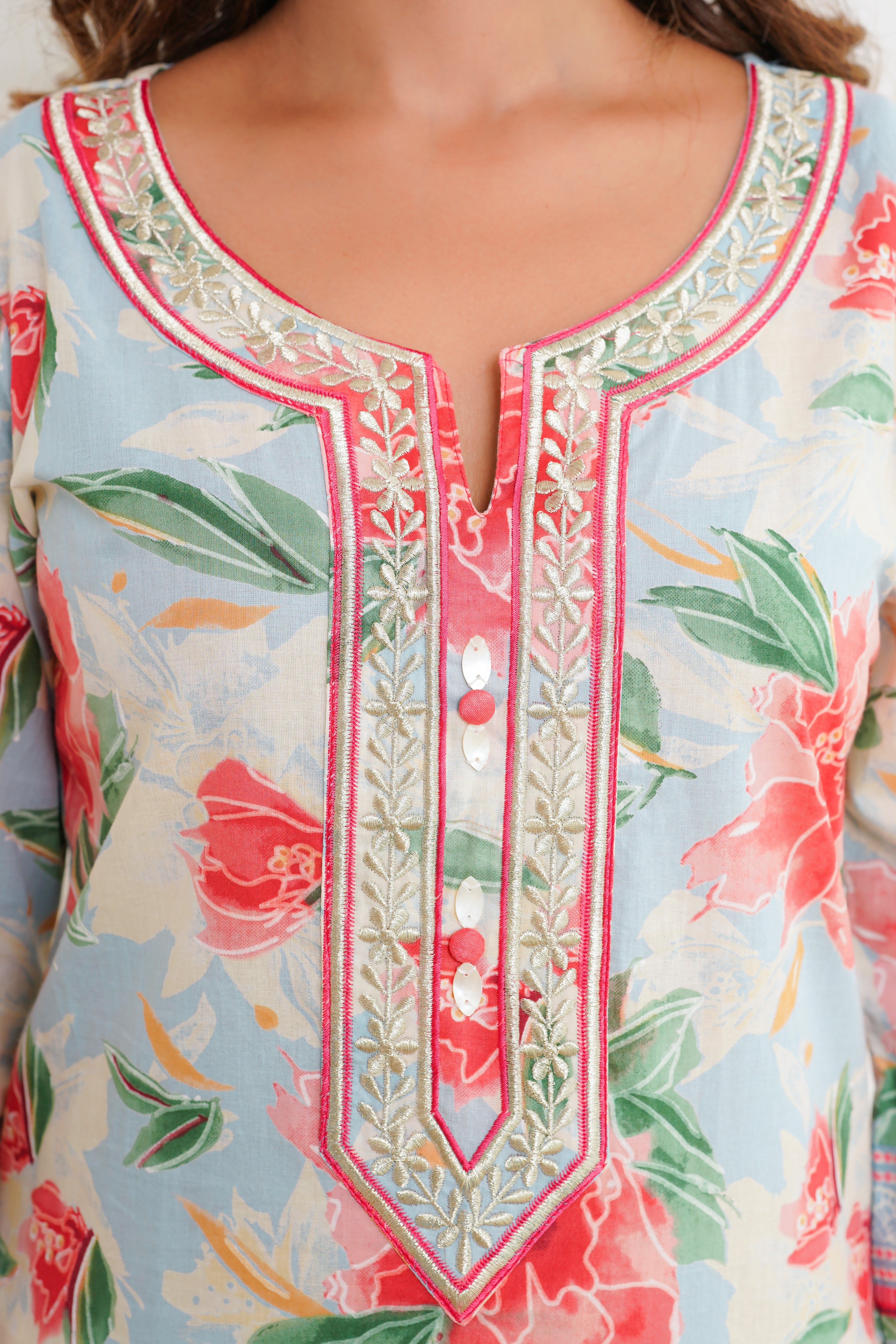 Blue Floral Printed Cotton Kurta