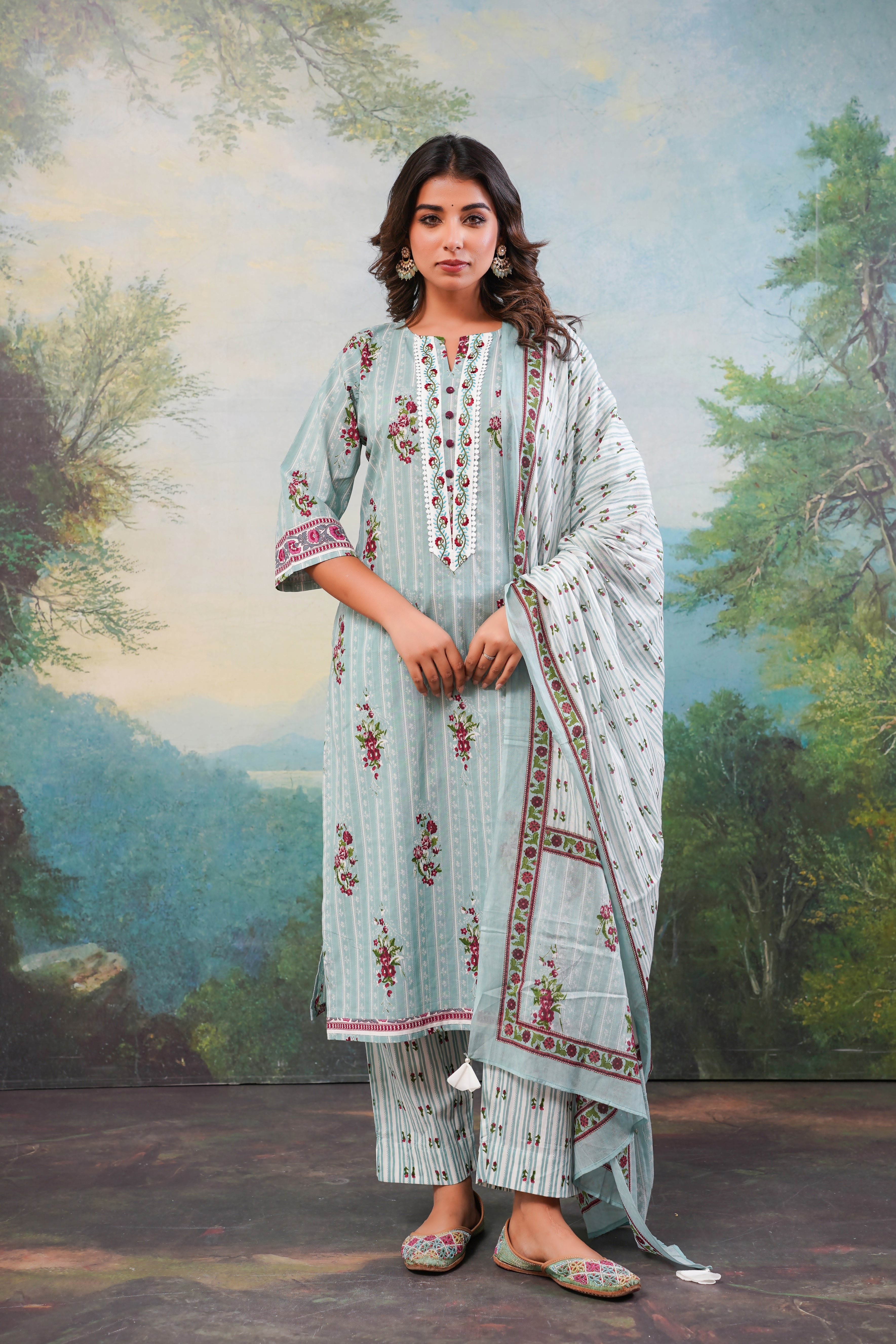 Blue Stripes  Printed Cotton Suit Set