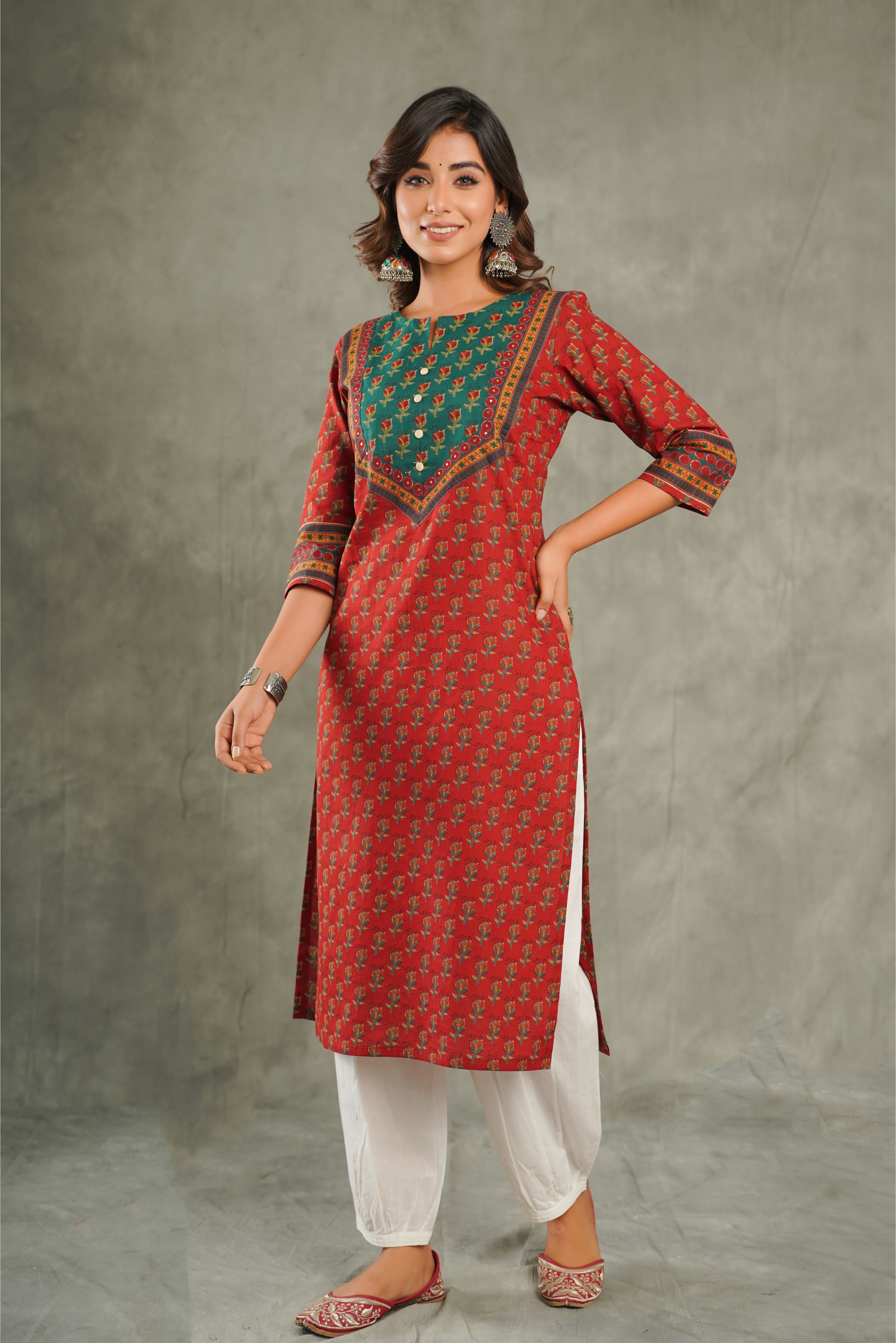 Maroon Floral Printed Cotton Kurta